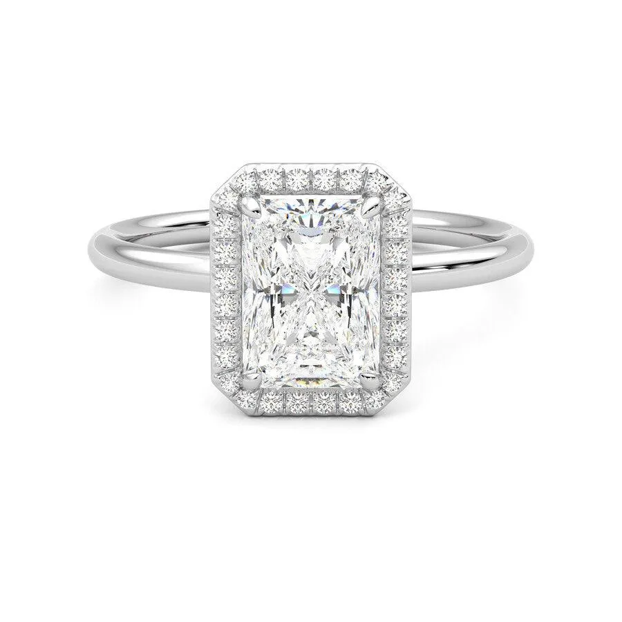 Radiant Cut Halo Moissanite Engagement Ring with Hidden Anniversary Stone Accent Brilliant Edge