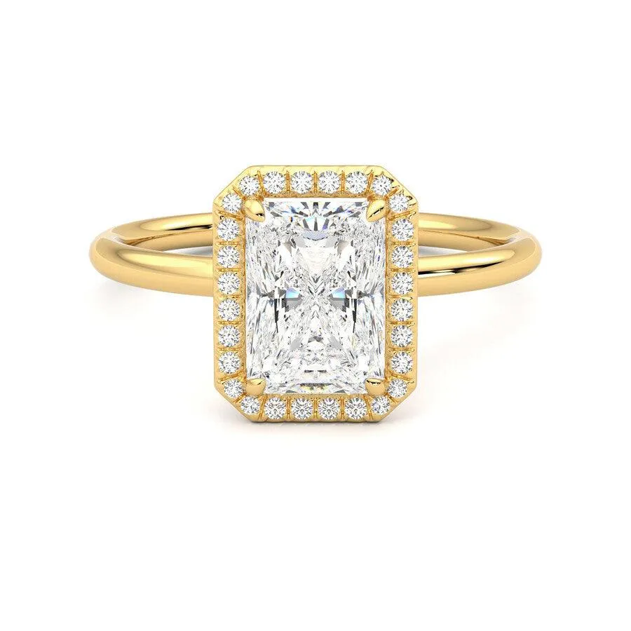 Romantic Feel Radiant Cut Halo Moissanite Engagement Ring with Hidden Anniversary Stone Accent
