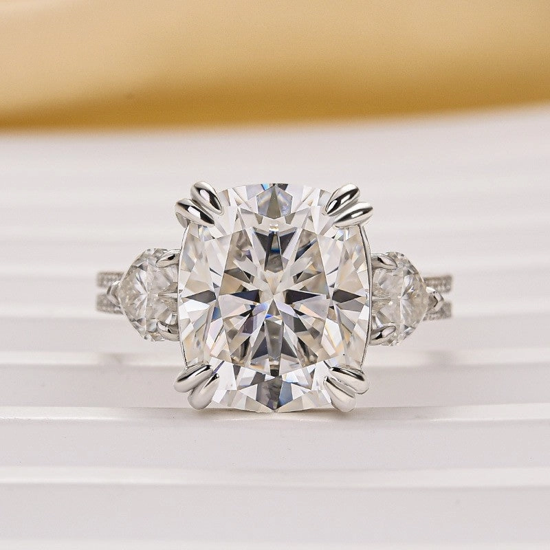 Refined Touch Bold piece Moissanite 6.0Ct Cushion Cut Three Stone Engagement Ring In Sterling Silver
