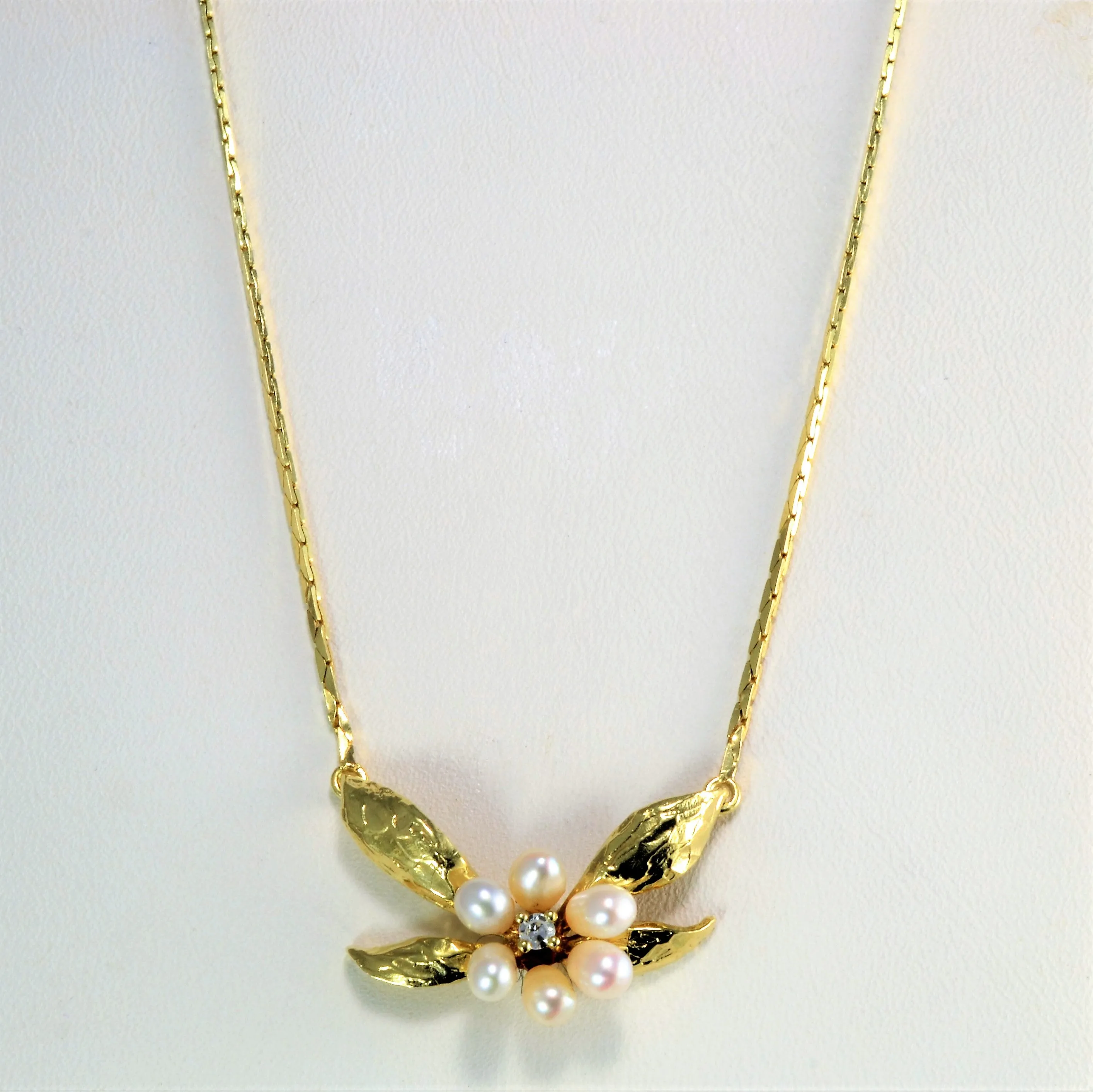 Timeless Edge Pearl & Diamond Floral Necklace | 0.03 ctw, 15''|