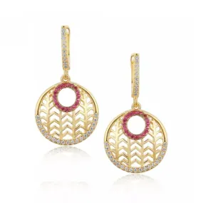 Pearlescent Trinket Ornate Jewelry Sterling Silver Gold Plated Circle With Clear and Ruby CZs Earring