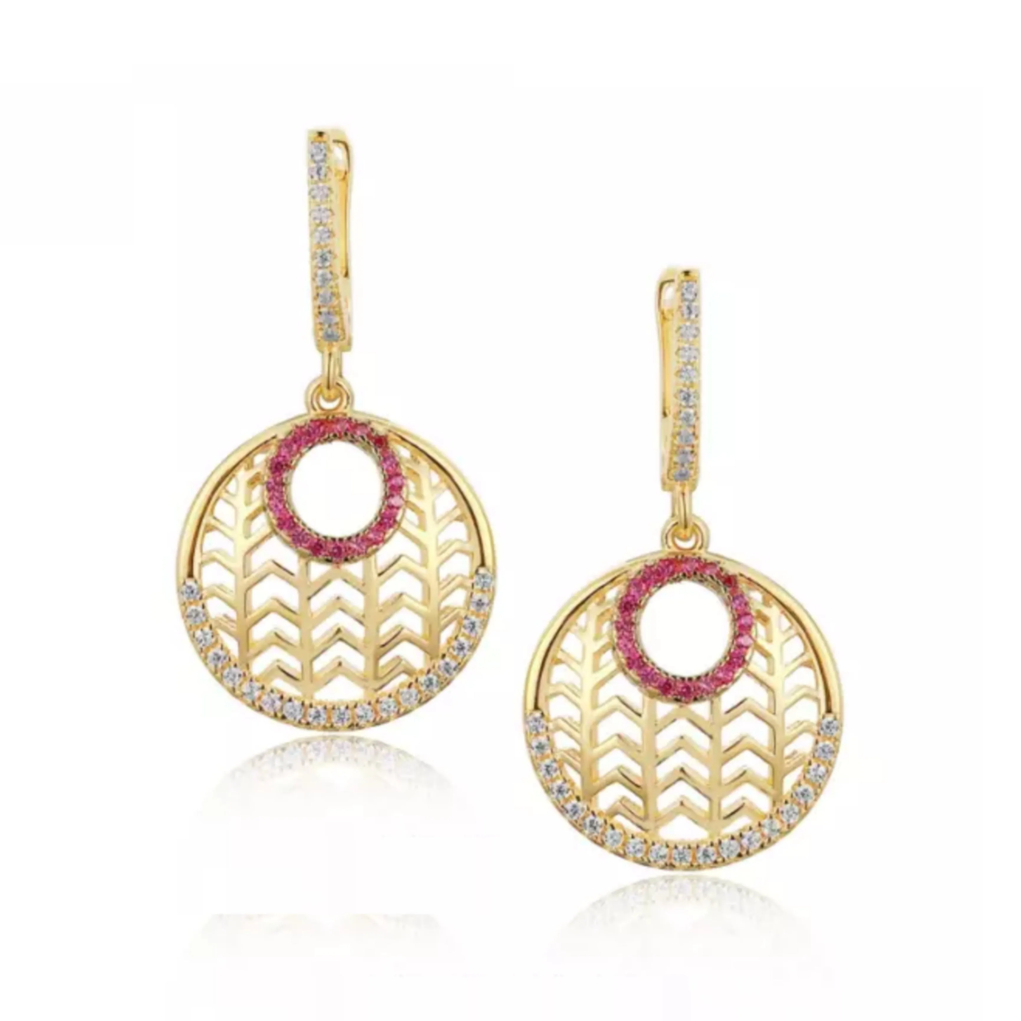Pearlescent Trinket Ornate Jewelry Sterling Silver Gold Plated Circle With Clear and Ruby CZs Earring