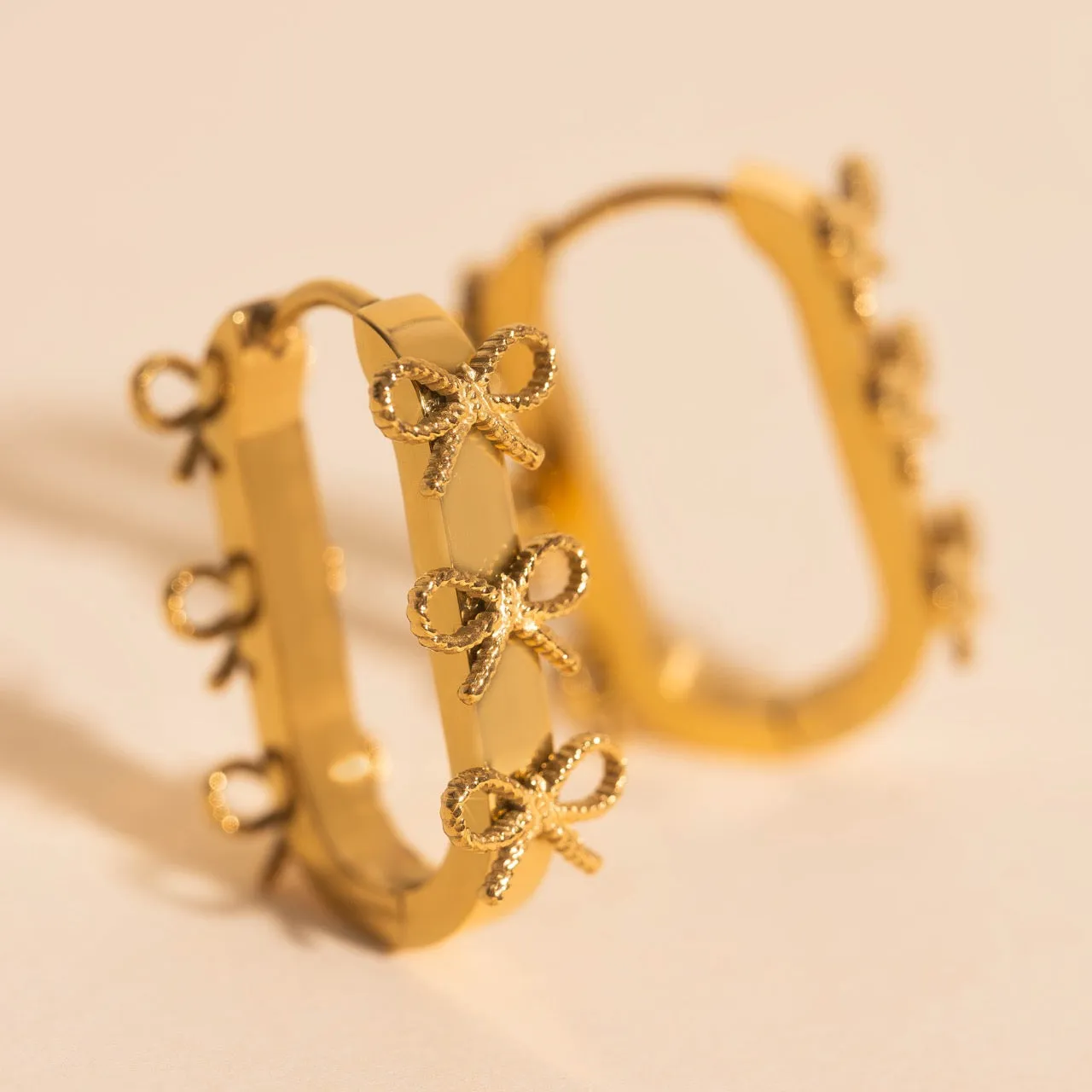 Stacked Rope Bow Oblong 3D Huggie Hoop Earrings Charming Ornament