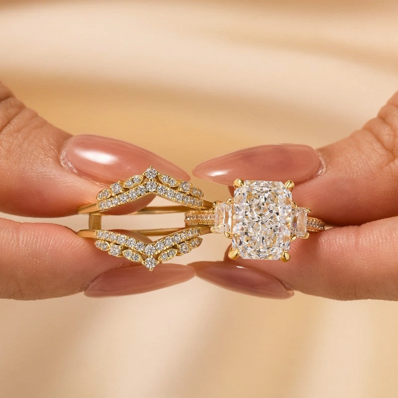 5.0Ct Radiant Cut Three Stone Wedding Ring For Her With Insert Ring Edgy Detail Stunning Style