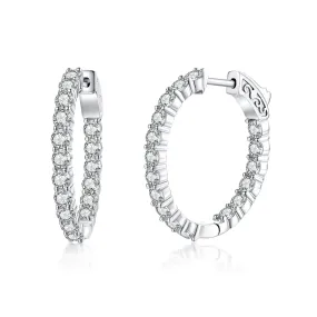Bright Jewelry Sterling Silver 28x26MM Oval CZ Hoop Earrings with 3mm CZs