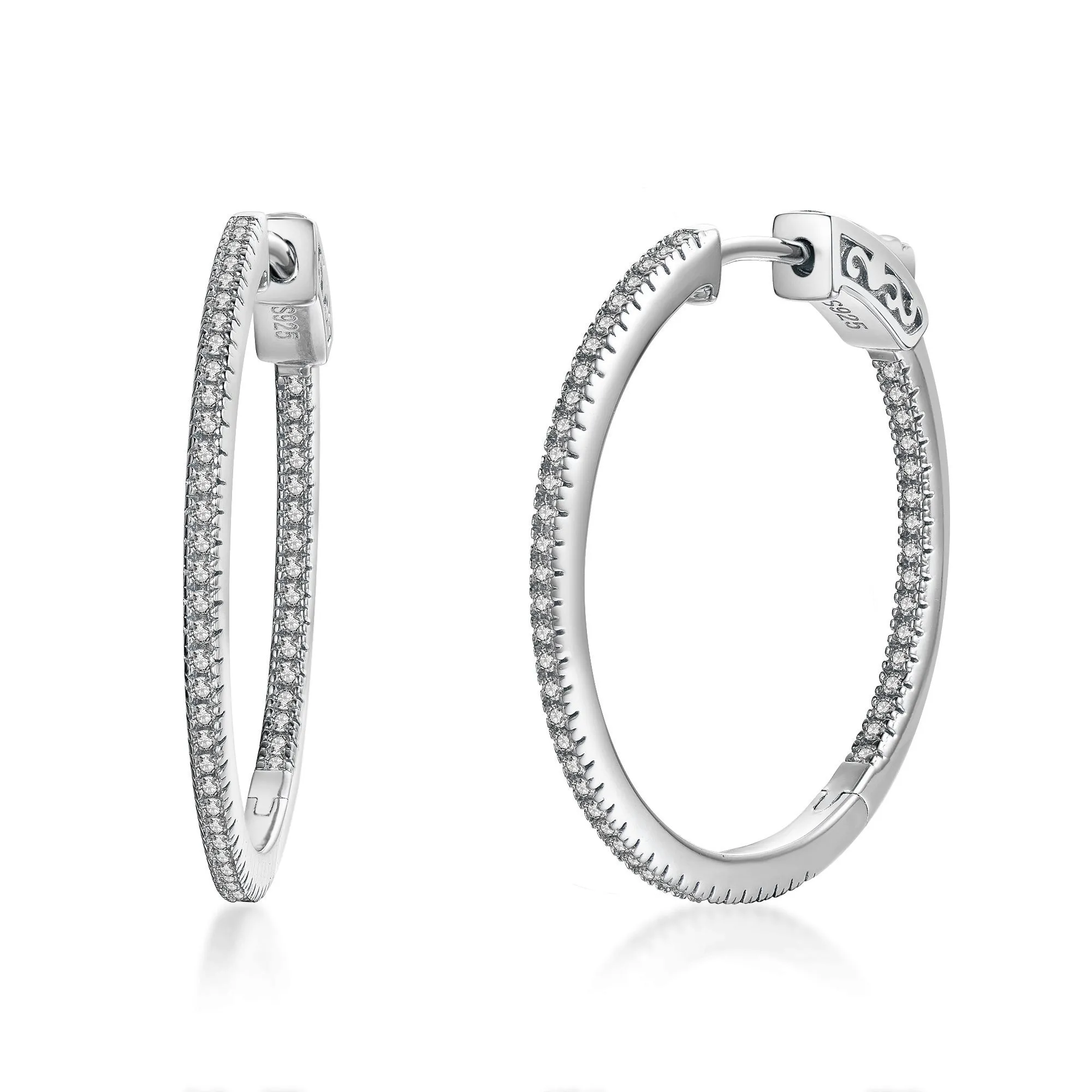 Spiral Decoration Vacation Decoration Sterling Silver 30mm Round CZ Hoop Earrings with 1mm CZs