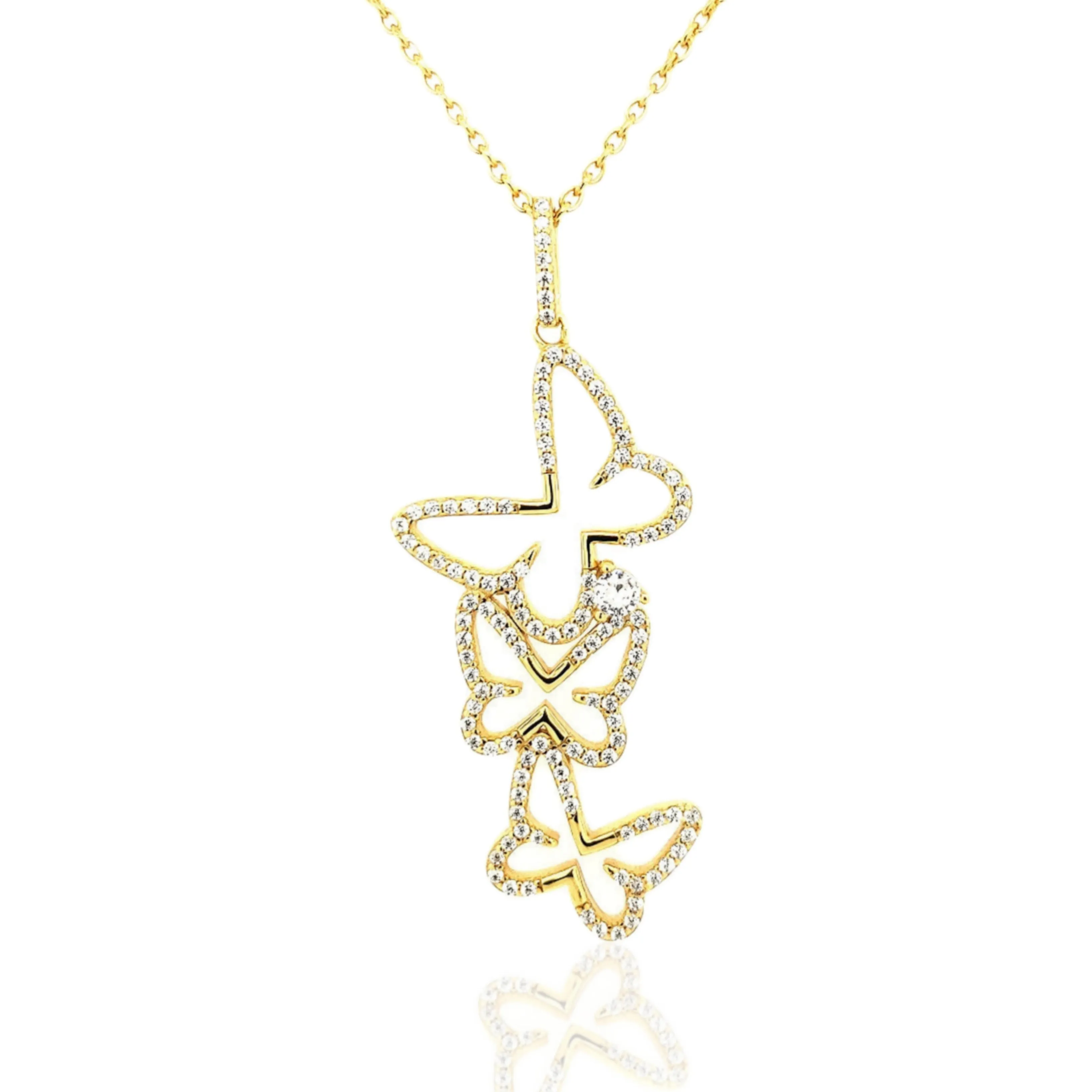 Sterling Silver Cascading CZ Butterfly Pendant Necklace Soft Touch Modern Style