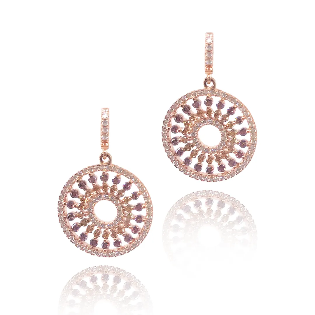 Ornate Detail Festive Ornament Sterling Silver Circle Earrings with Color Stones