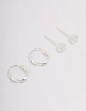 Sterling Silver Cubic Zirconia & Twisted Hoop Earrings Fashion Pairing Elegant Detailing