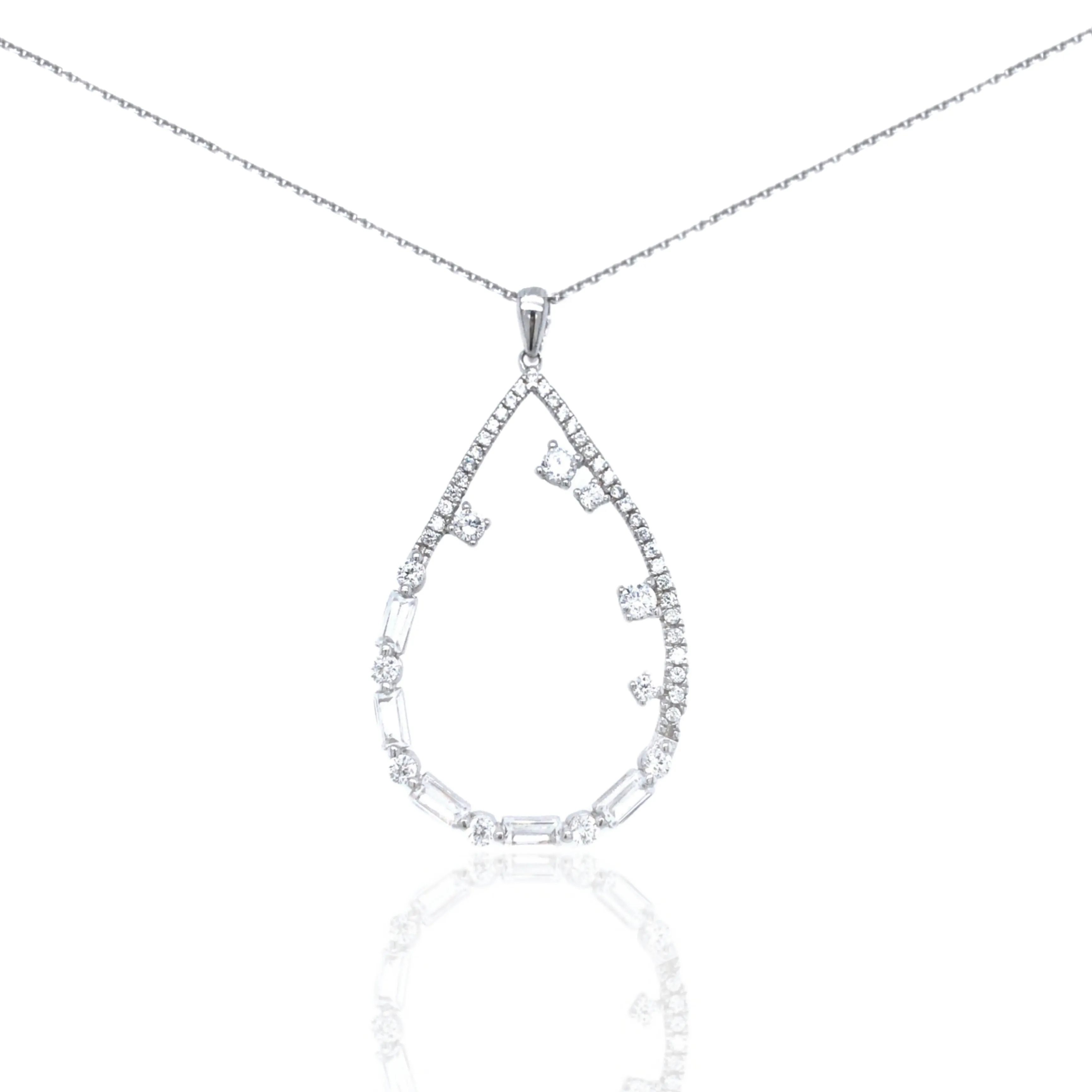 Sterling Silver CZ and Baguettes Teardrop Pendant Necklace Bold Statement