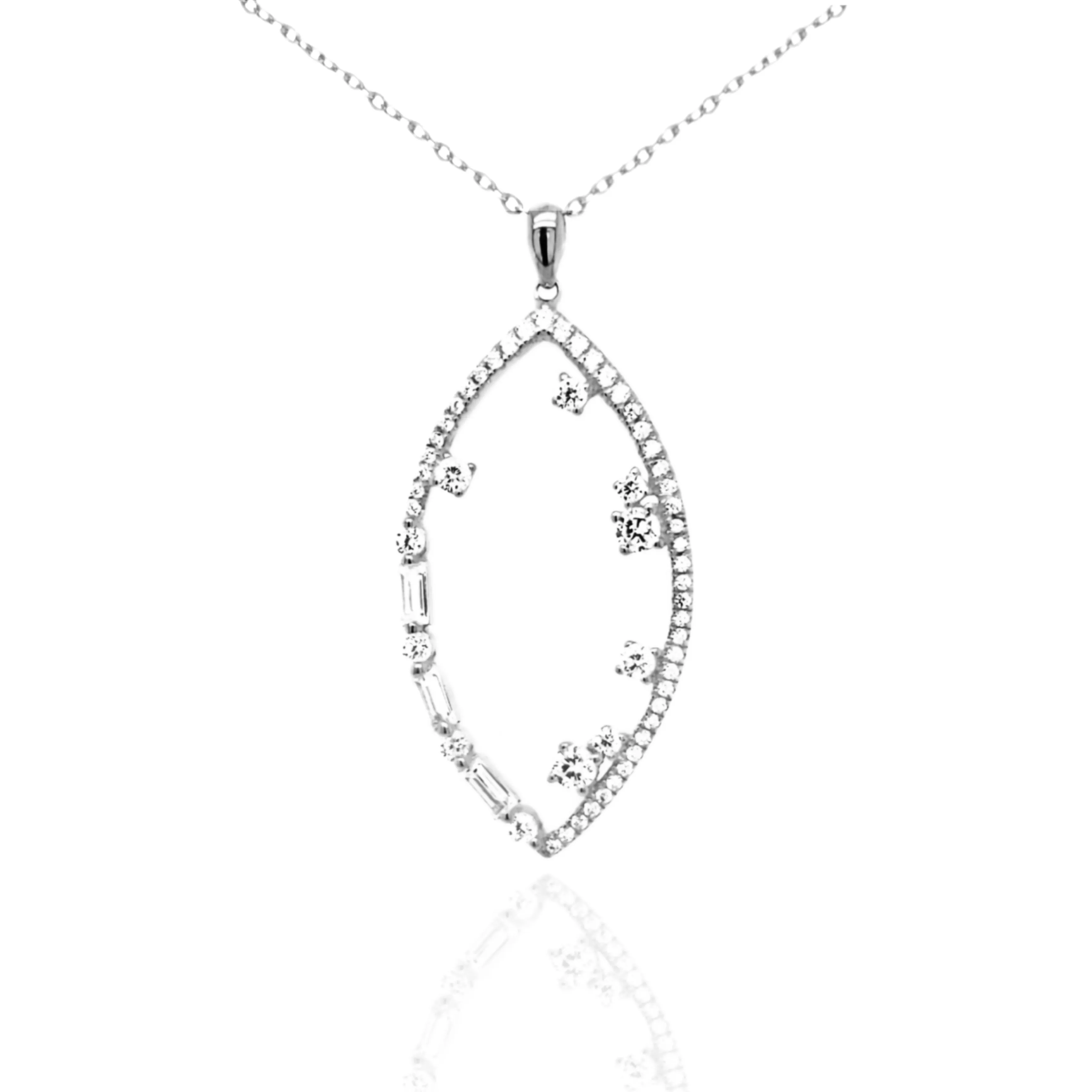 Sterling Silver CZ and Baguettes Teardrop Pendant Necklace Social Piece Lovely Jewelry