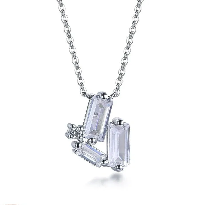 Exquisite Accessory Sterling Silver CZ Baguette Necklace with Round Stone Accents