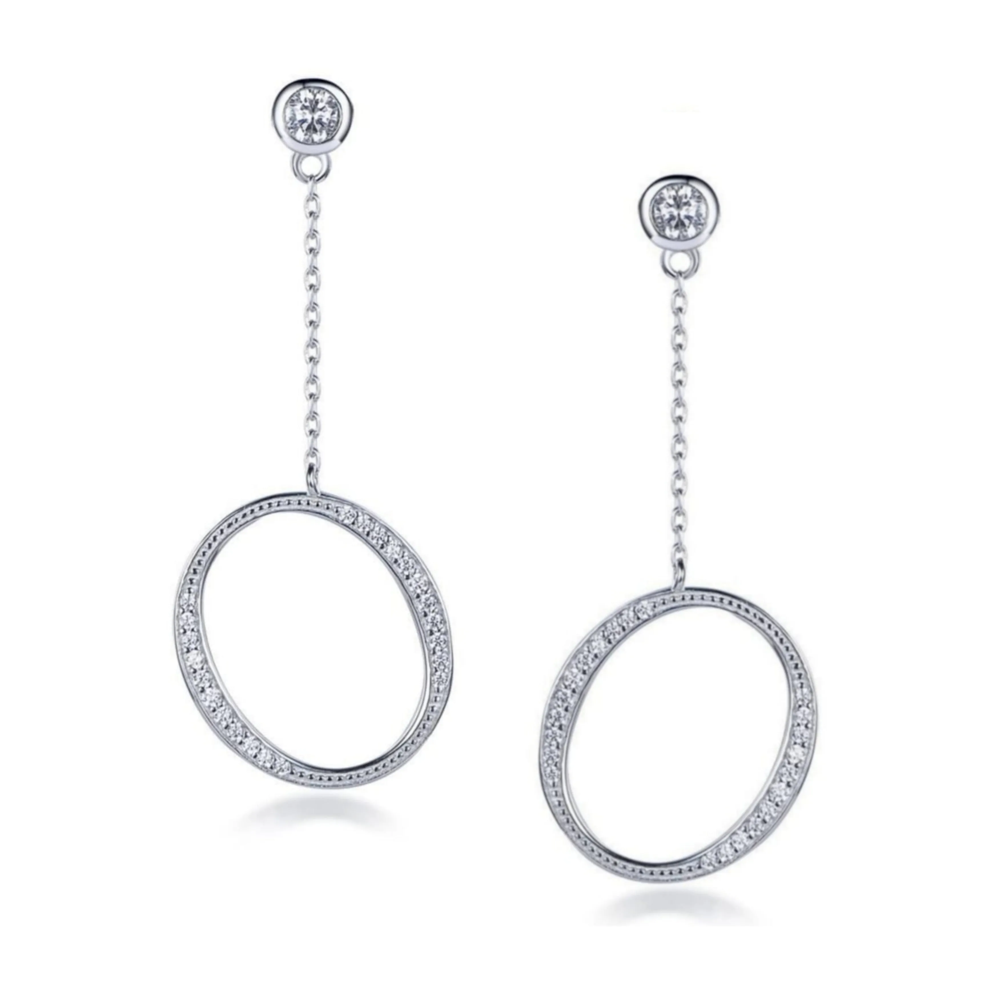 Sterling Silver CZ Hanging Circle Earrings Summer Embellishment Sophisticated Accent