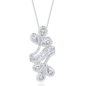 Sterling Silver Double Flower Round CZ and Baguette Pendant Necklace Black Tie Jewelry Wonderful Adornment