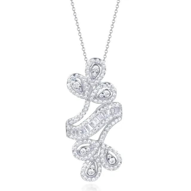 Sterling Silver Double Flower Round CZ and Baguette Pendant Necklace Black Tie Jewelry Wonderful Adornment