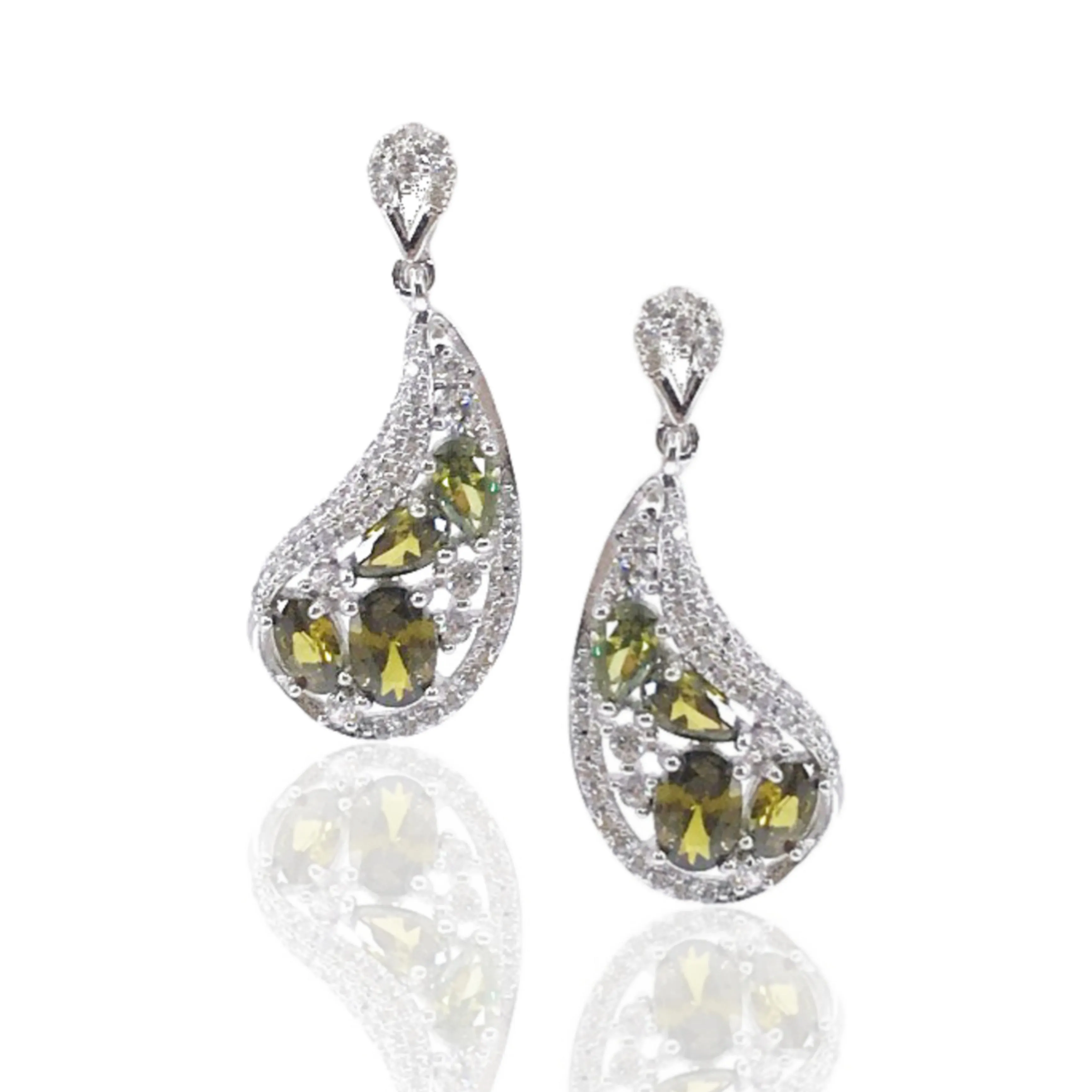 Sterling Silver Earrings with Green Stones Casual Decoration Big Piece