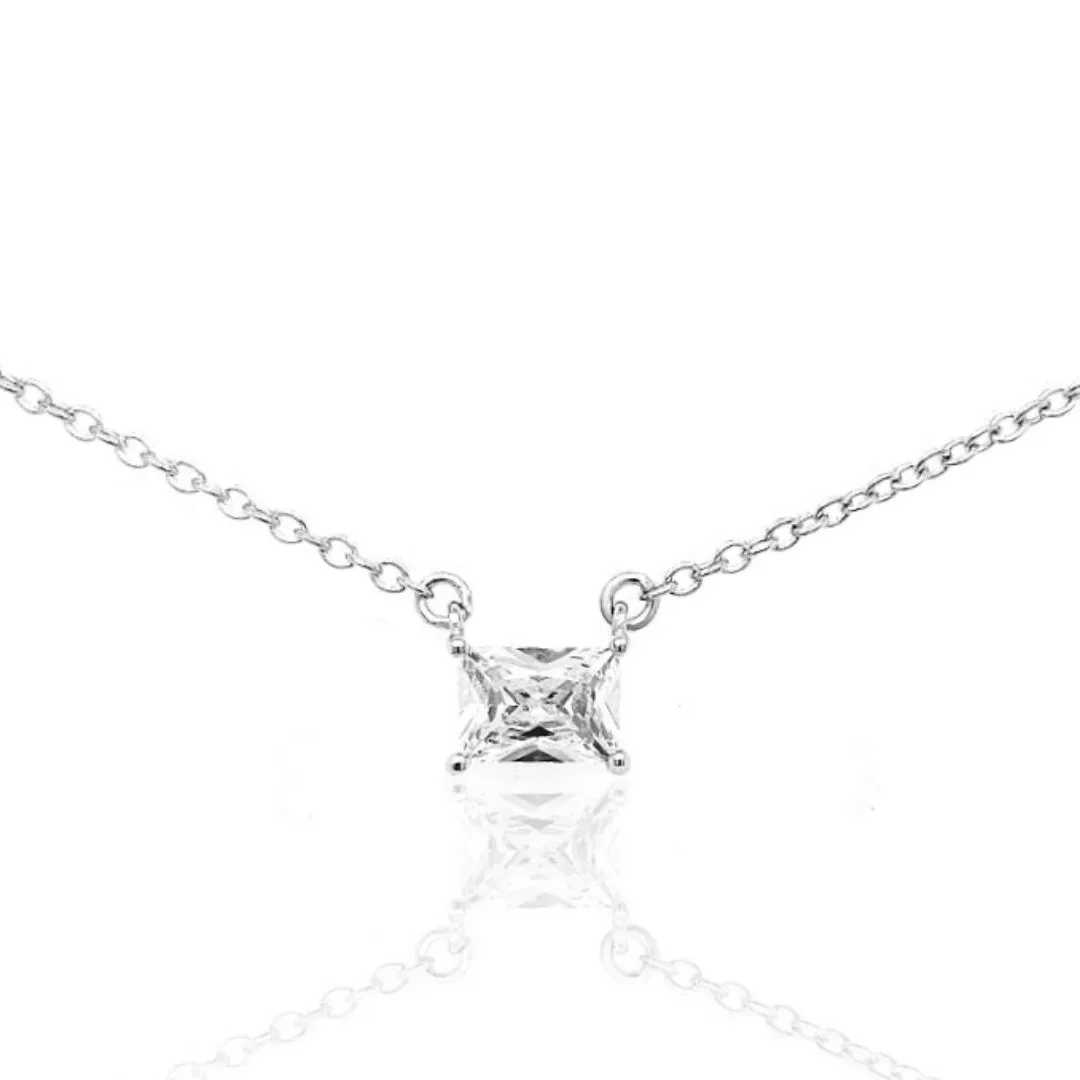 Sterling Silver Emerald Shape CZ Solitaire Necklace Magnificent Gift