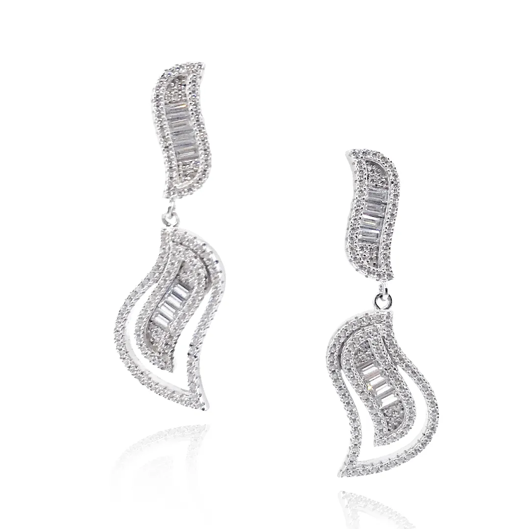 Sterling Silver Micro Pave and Baguette CZ Leaf Earrings Premium Detail
