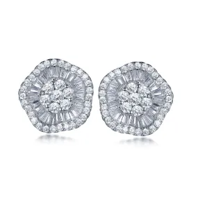 Glittering Style Adorable Trinket Sterling Silver Micropave Baguette Wavy Flower Stud Earrings