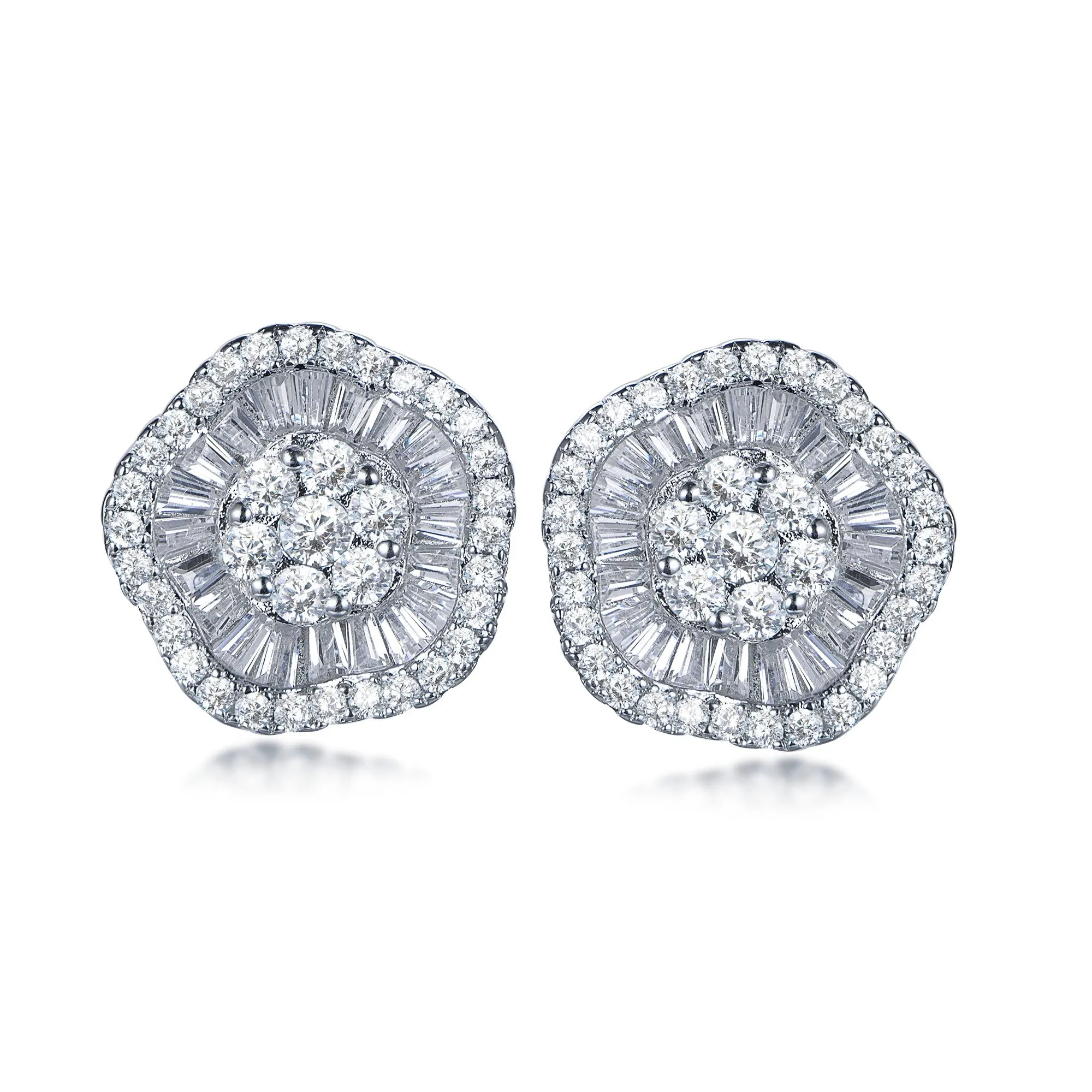 Glittering Style Adorable Trinket Sterling Silver Micropave Baguette Wavy Flower Stud Earrings