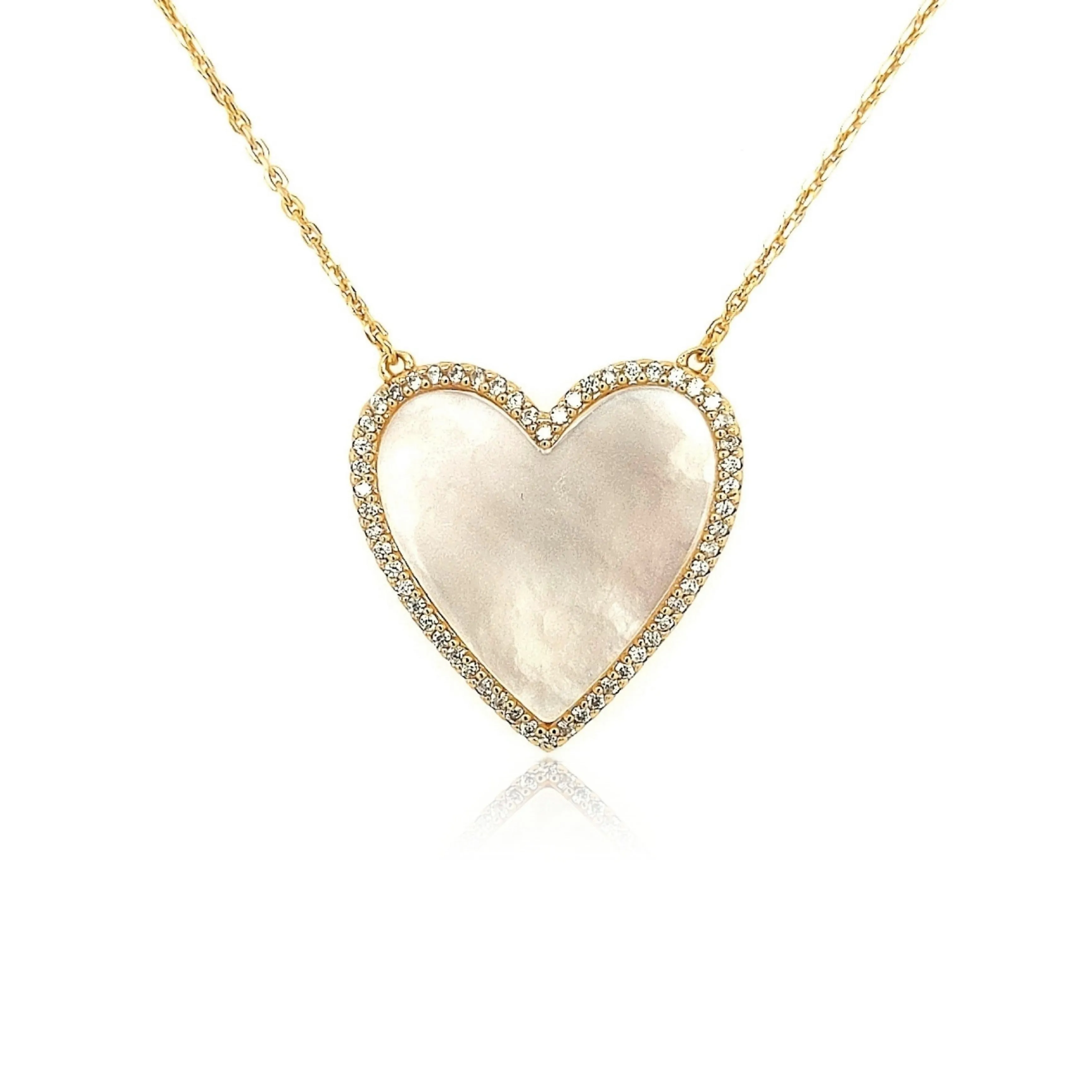 Sterling Silver Mother of Pearl Heart With CZ Border Necklace Patterned Item Mother??s Day