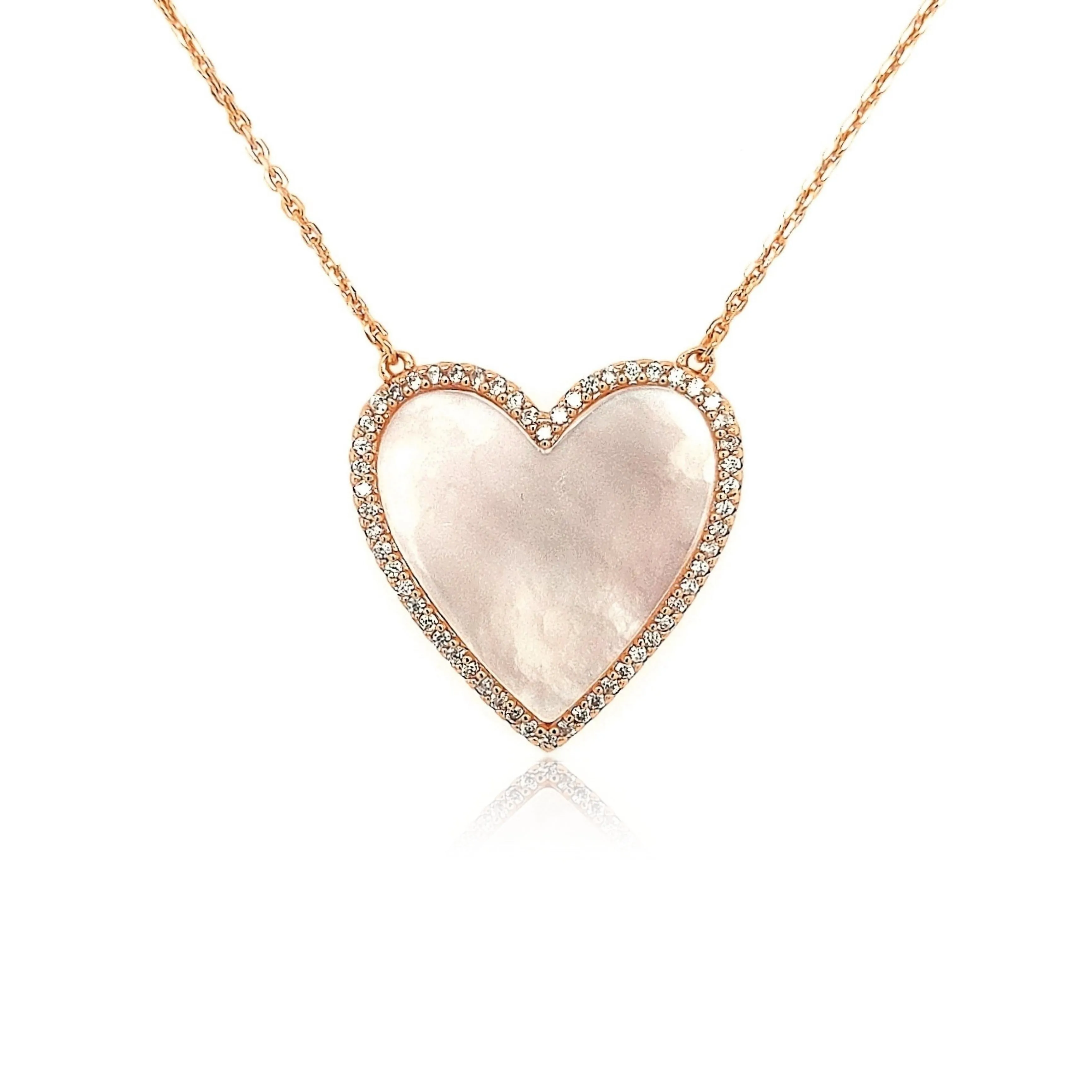 Sterling Silver Mother of Pearl Heart With CZ Border Necklace Premium Style Durable Style