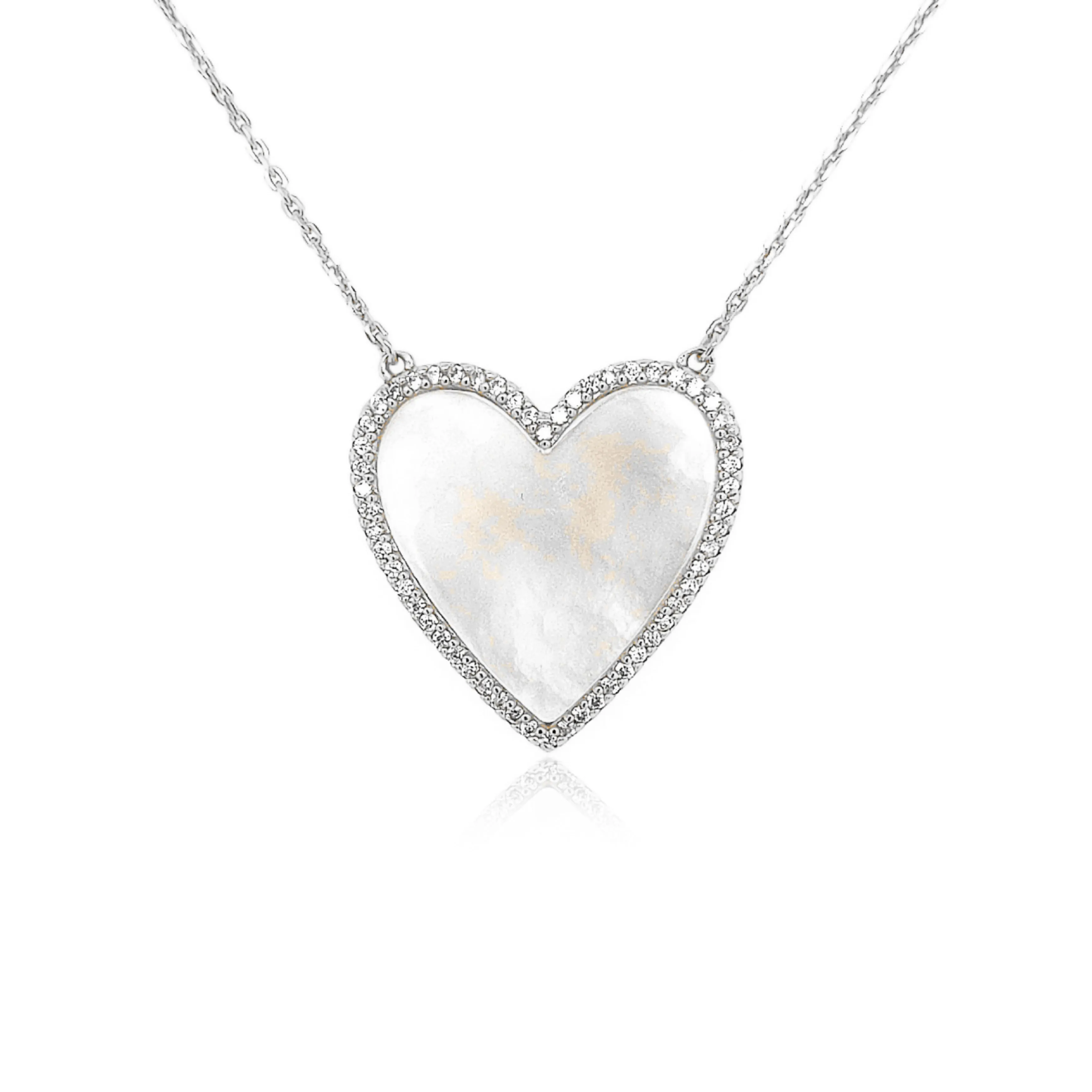 Unique Adornment Stylish Adornment Sterling Silver Mother of Pearl Heart With CZ Border Necklace