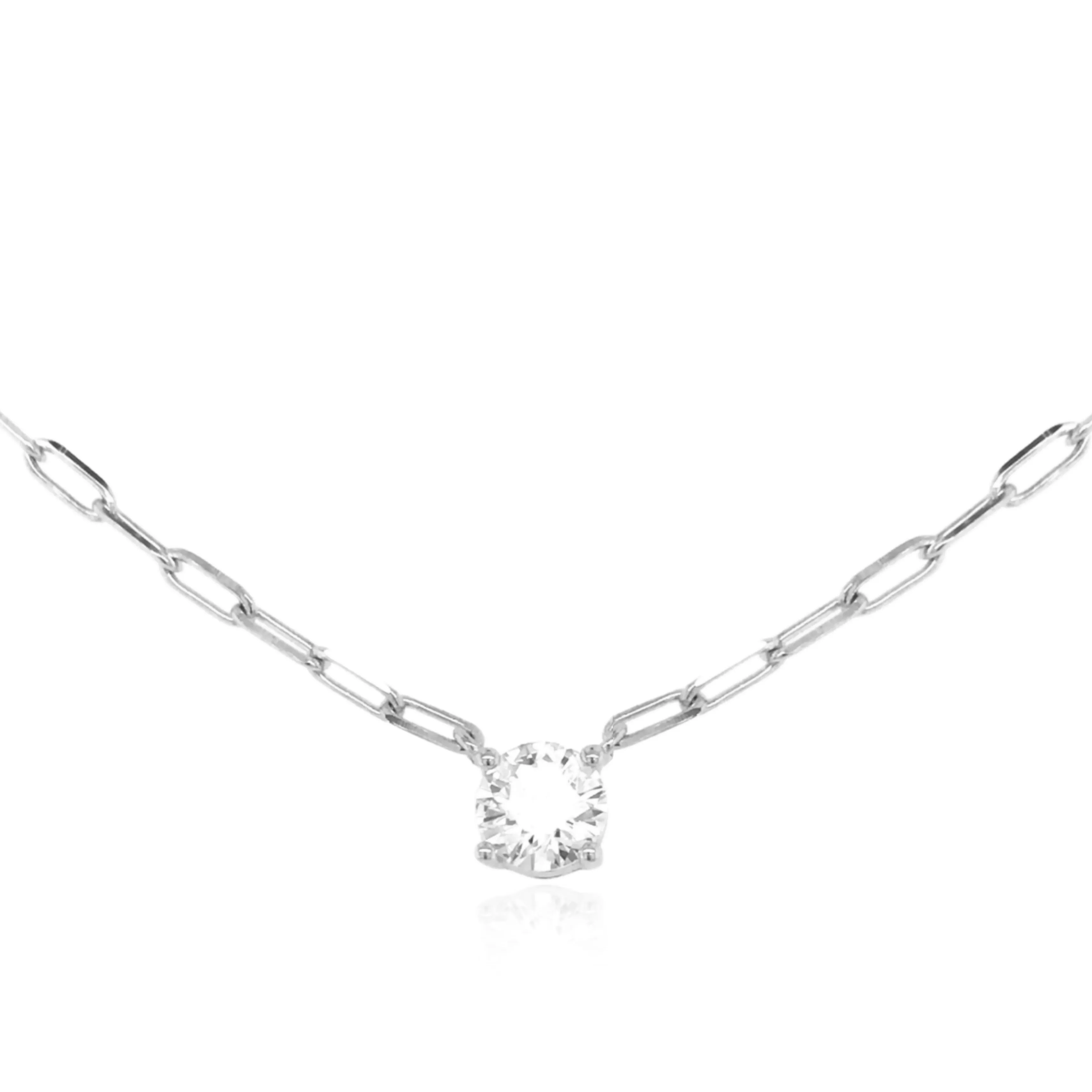 Casual Detail Beaded Strand Sterling Silver Paperclip Necklace With Round Solitaire CZ