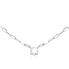 Casual Detail Beaded Strand Sterling Silver Paperclip Necklace With Round Solitaire CZ