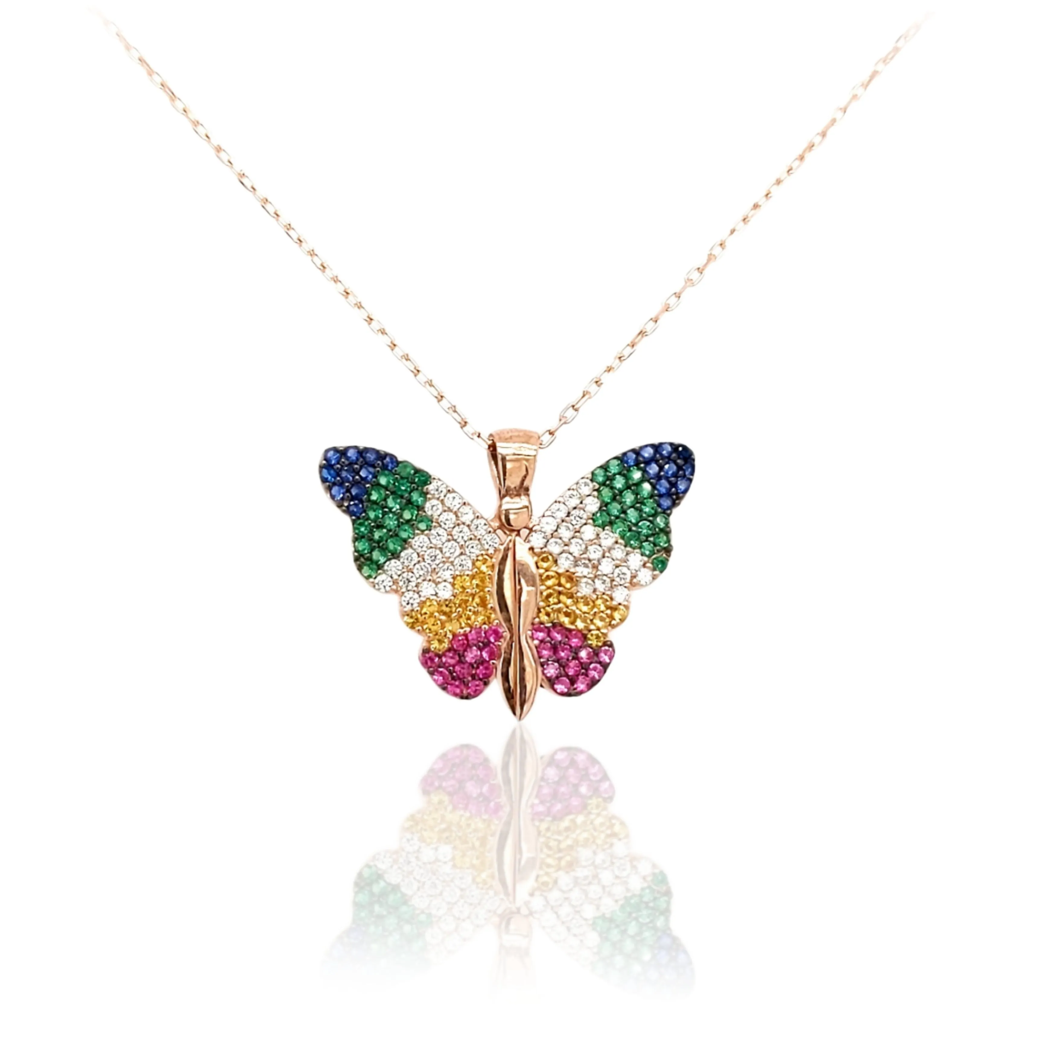 Splendid Ornament Sterling Silver Rose Gold Plated Colorful Butterfly With Heart Behind Pendant Necklace