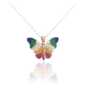 Splendid Ornament Sterling Silver Rose Gold Plated Colorful Butterfly With Heart Behind Pendant Necklace