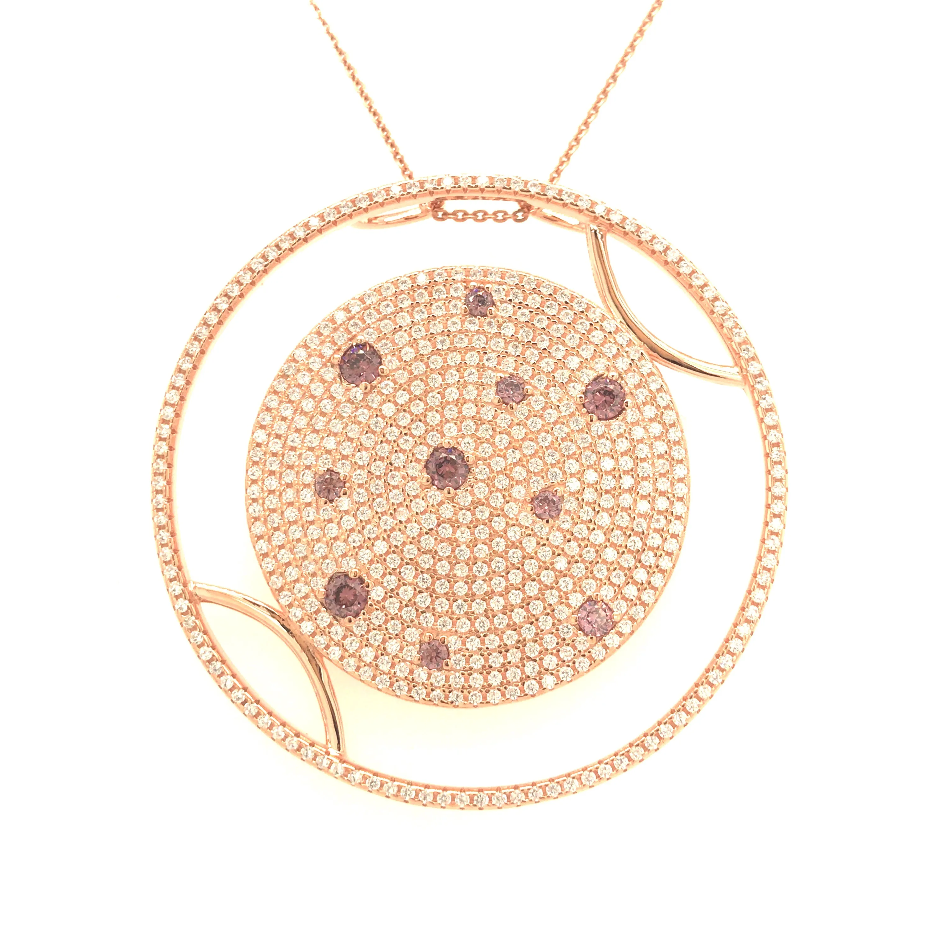 Minimalist Ornament Sterling Silver Rose-Plated Large Round CZ Pendant Necklace