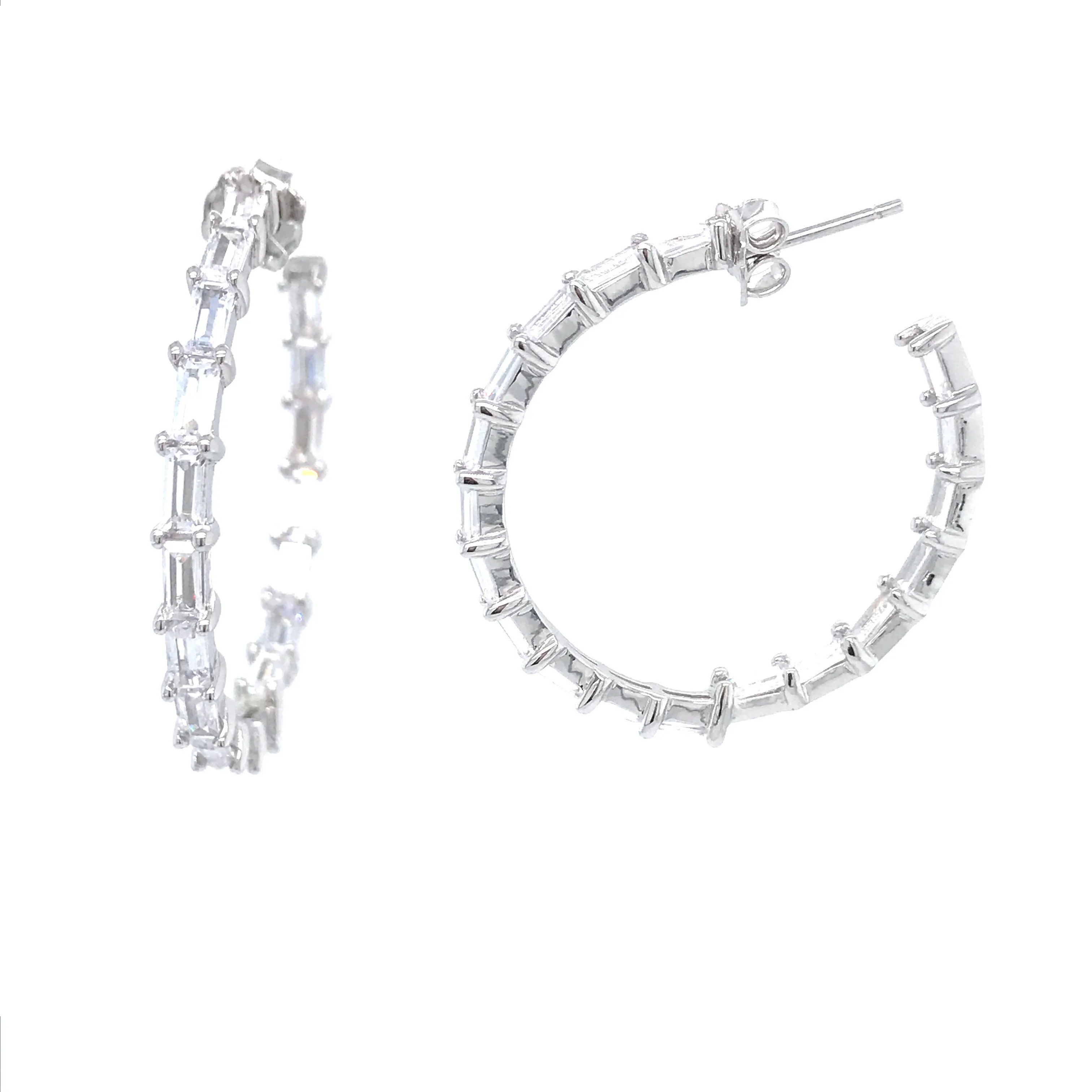 Sterling Silver Round 1 1/2'' Baguette Hoop Earrings Adorable Accessory Premium Detail