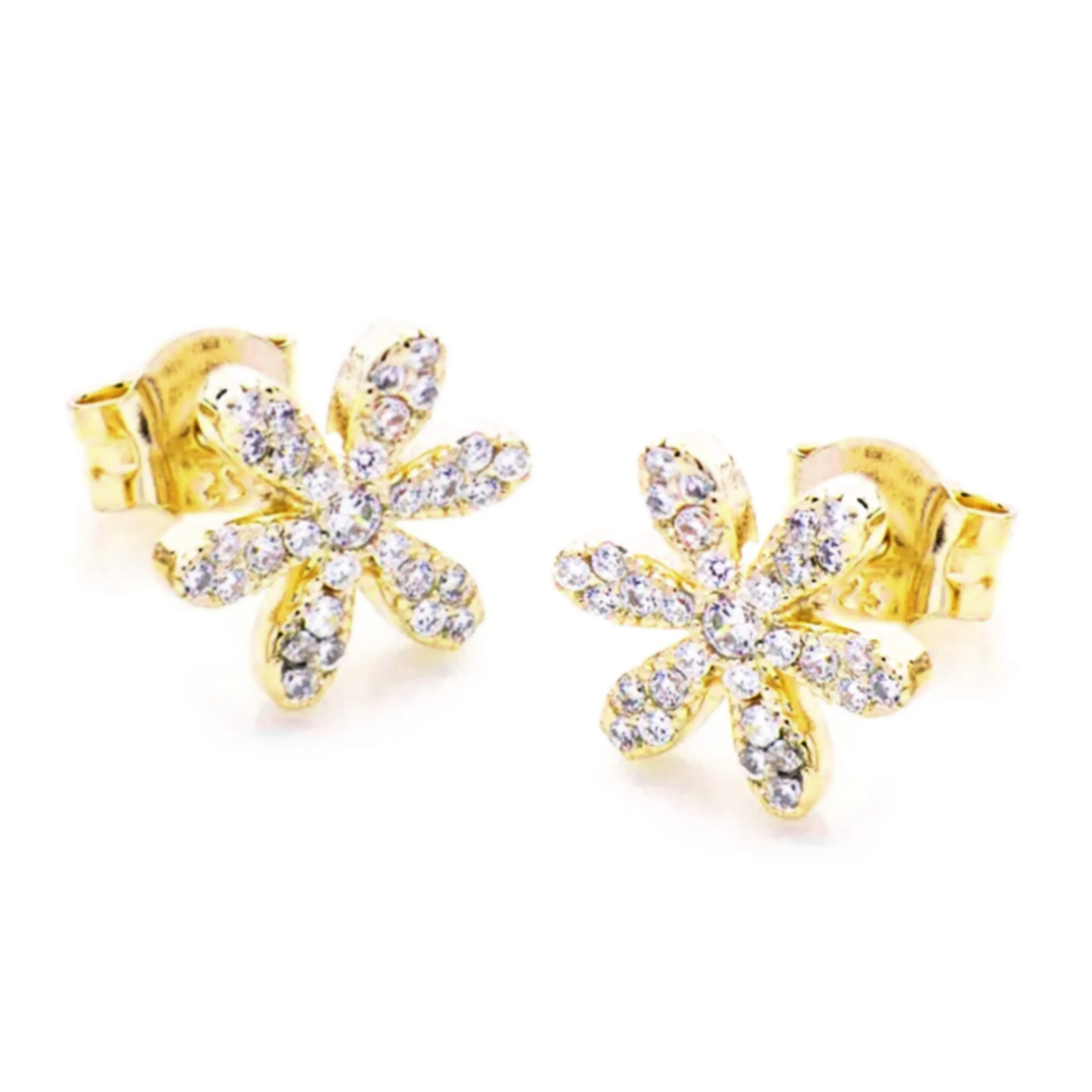 Unique Vibe Shiny Detail Sterling Silver Six Thin Petal Flower Stud Earrings