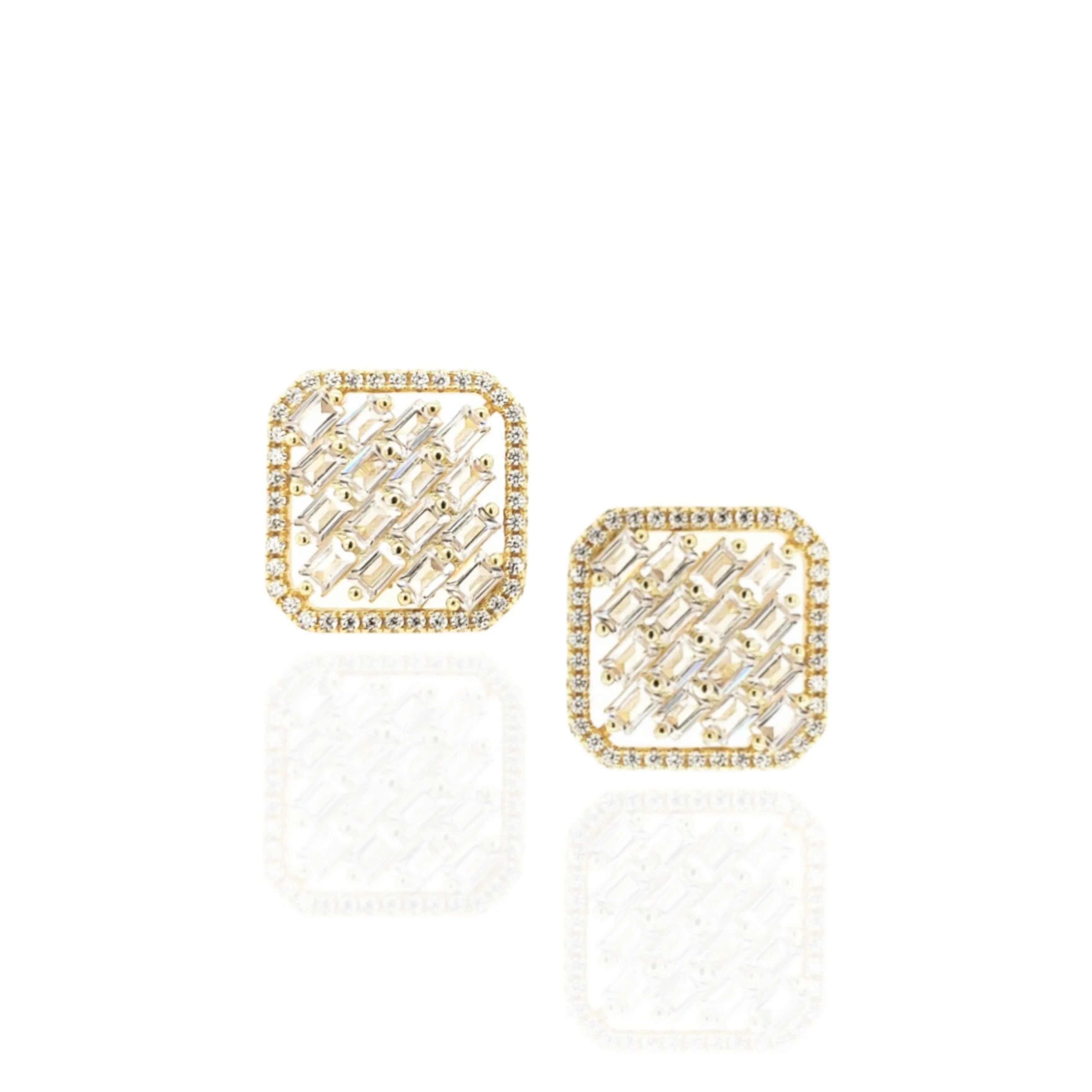 Sterling Silver Square Shaped CZ Frame With Baguette Stud Earrings Formal Accessory Sophisticated Aesthetic