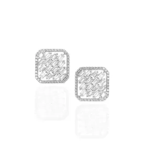 Grand Decoration Sterling Silver Square Shaped CZ Frame With Baguette Stud Earrings
