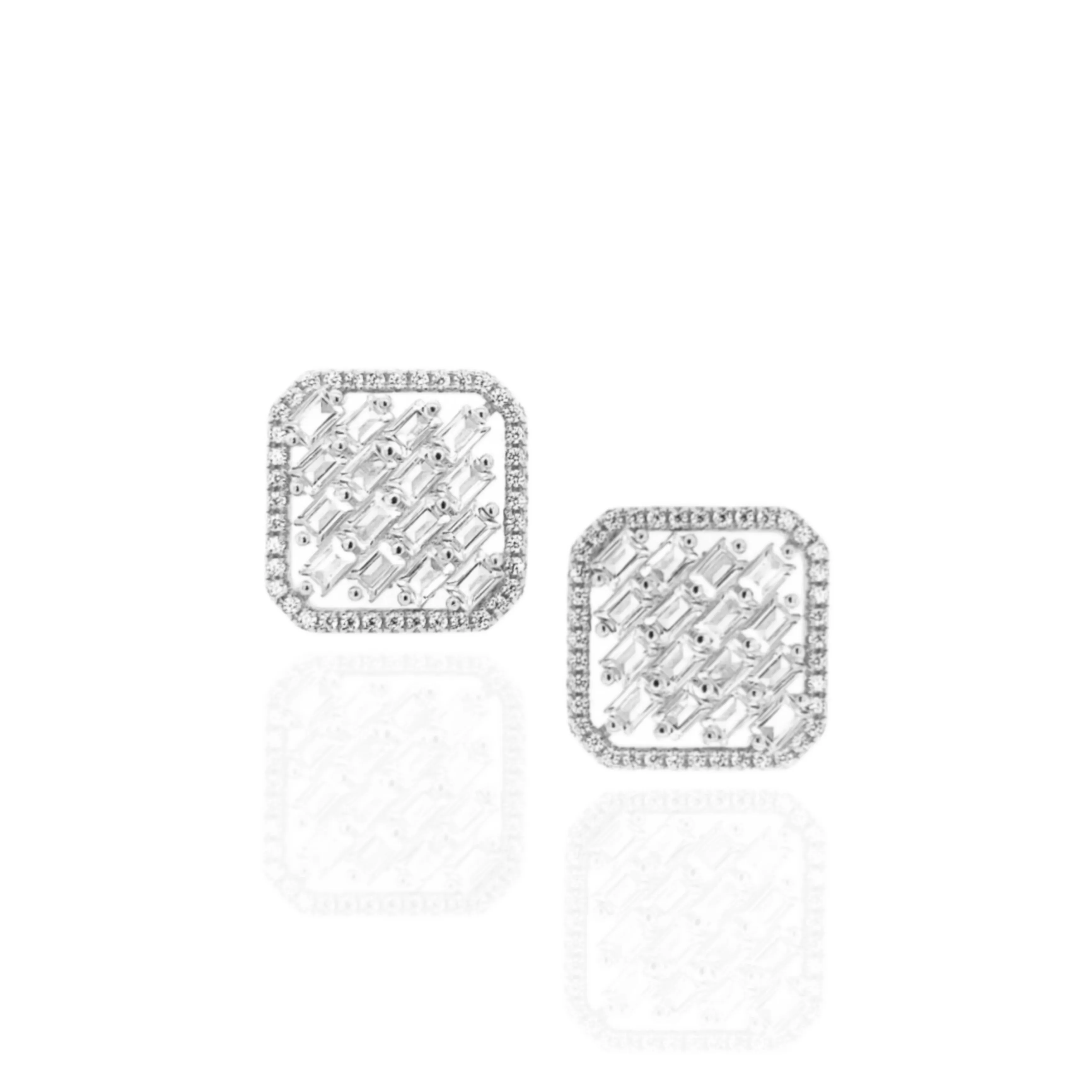 Grand Decoration Sterling Silver Square Shaped CZ Frame With Baguette Stud Earrings