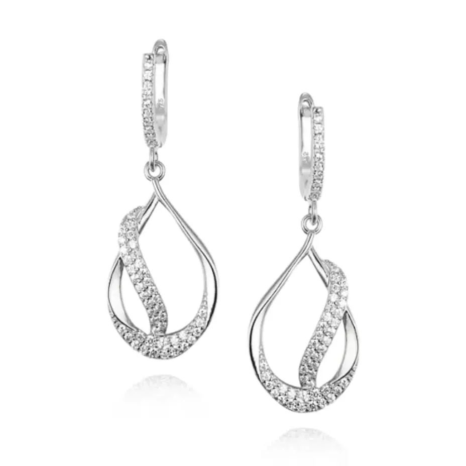 Sterling Silver Teardrop With CZ Diagonal Line Earring Adorable Embellishment