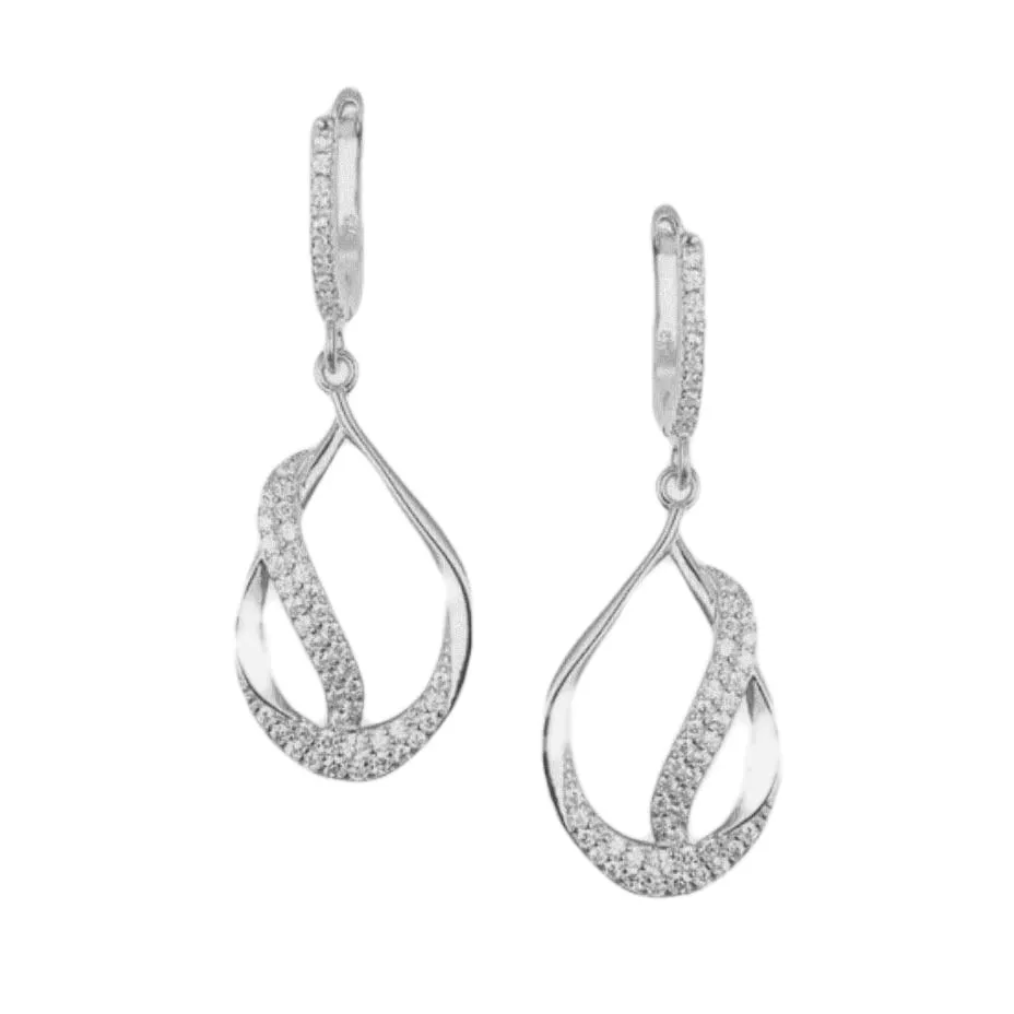 Glittery Piece Sterling Silver Teardrop With CZ Diagonal Line Earring
