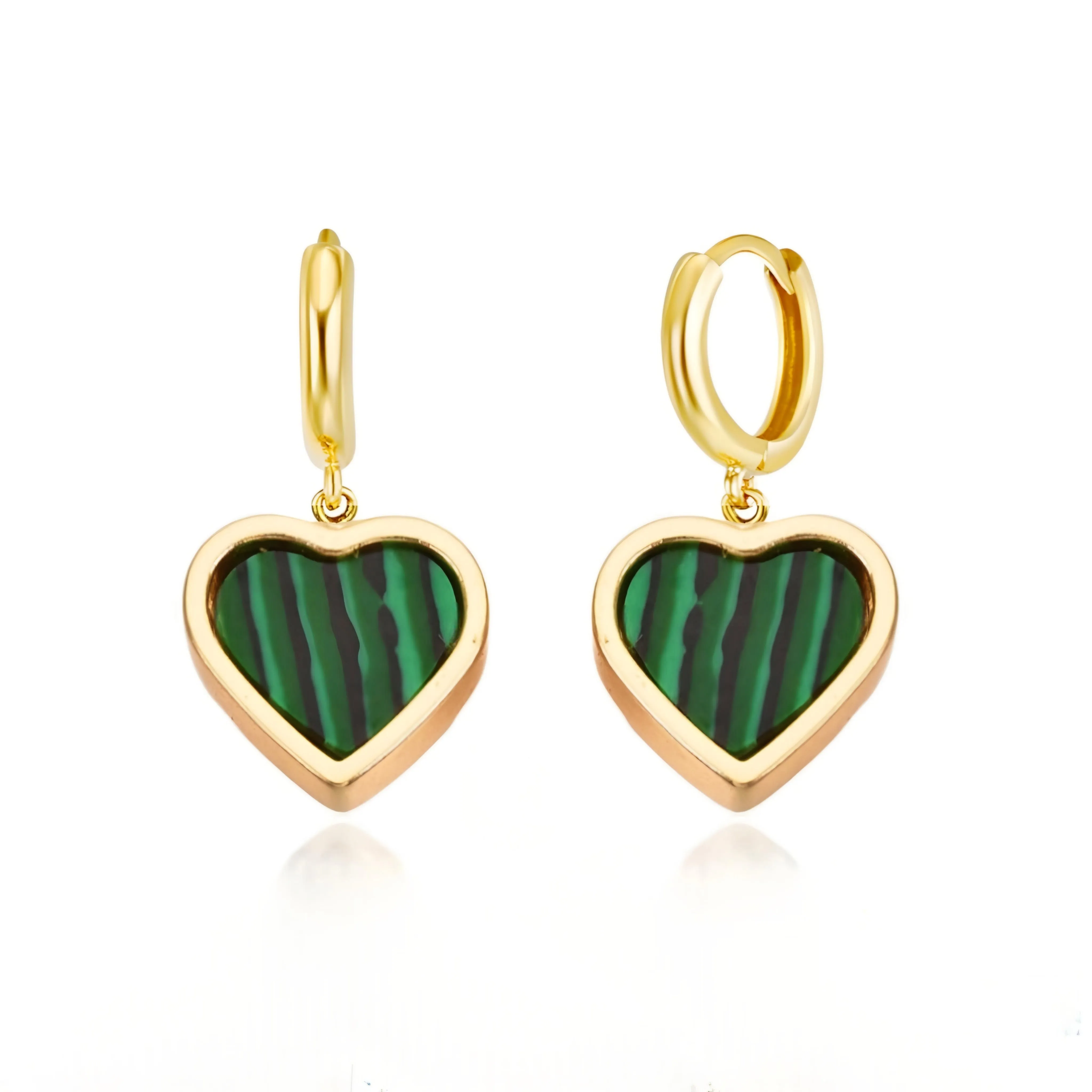 Holiday Item Gold Plated Malachite Framed Heart Surgical Steel Earrings