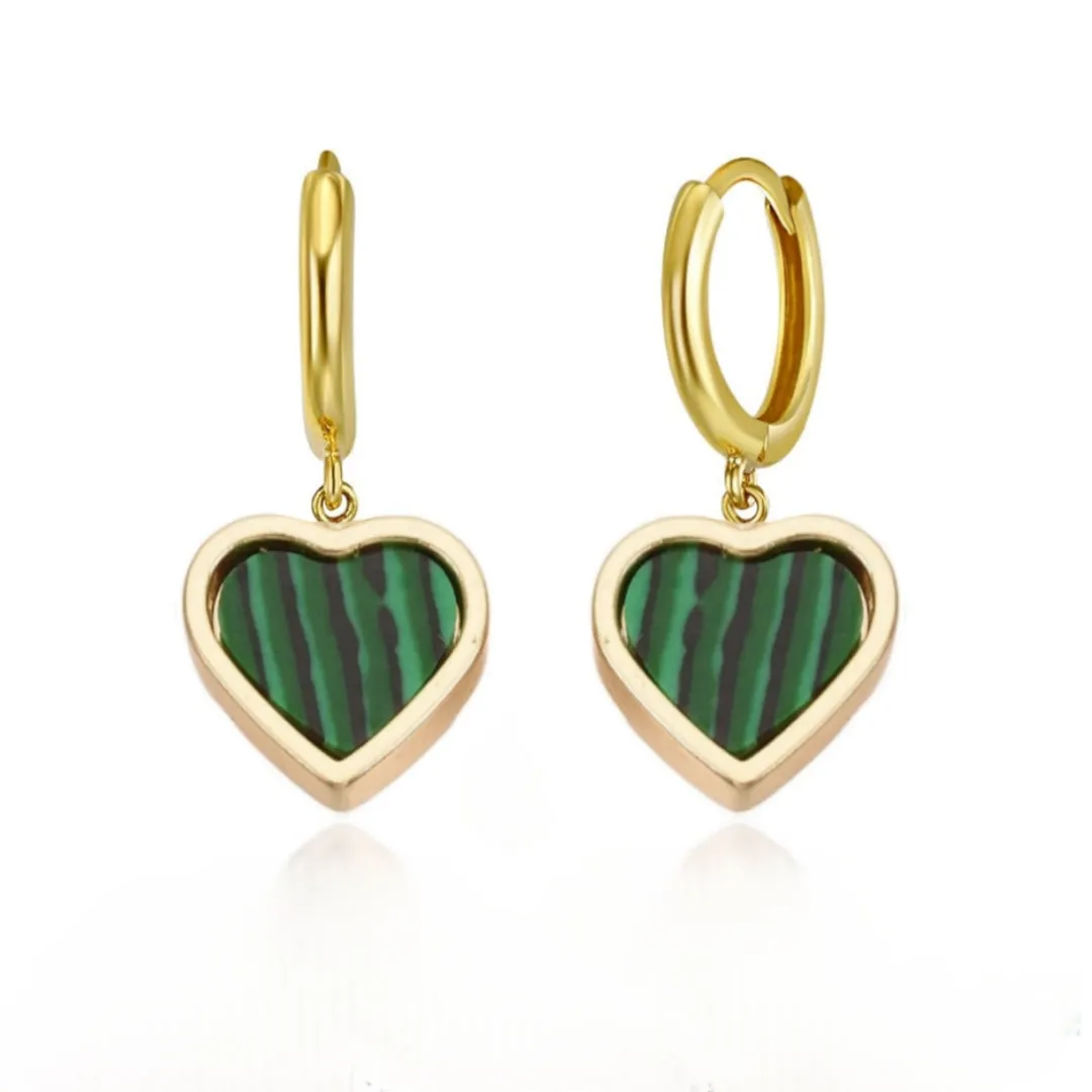 Gold Plated Malachite Framed Heart Surgical Steel Earrings Festive Accessory Avant-Garde Accent