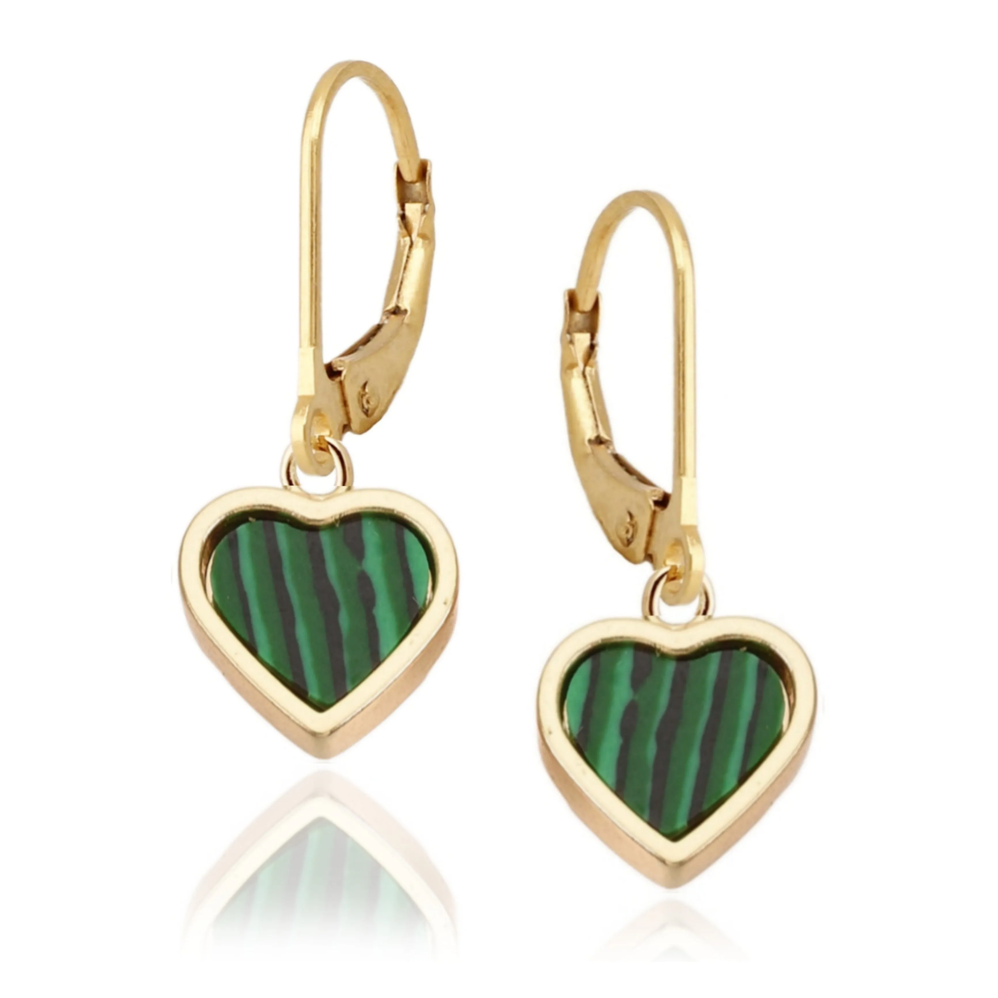 Brilliant Design Gold Plated Malachite Framed Heart Surgical Steel Earrings