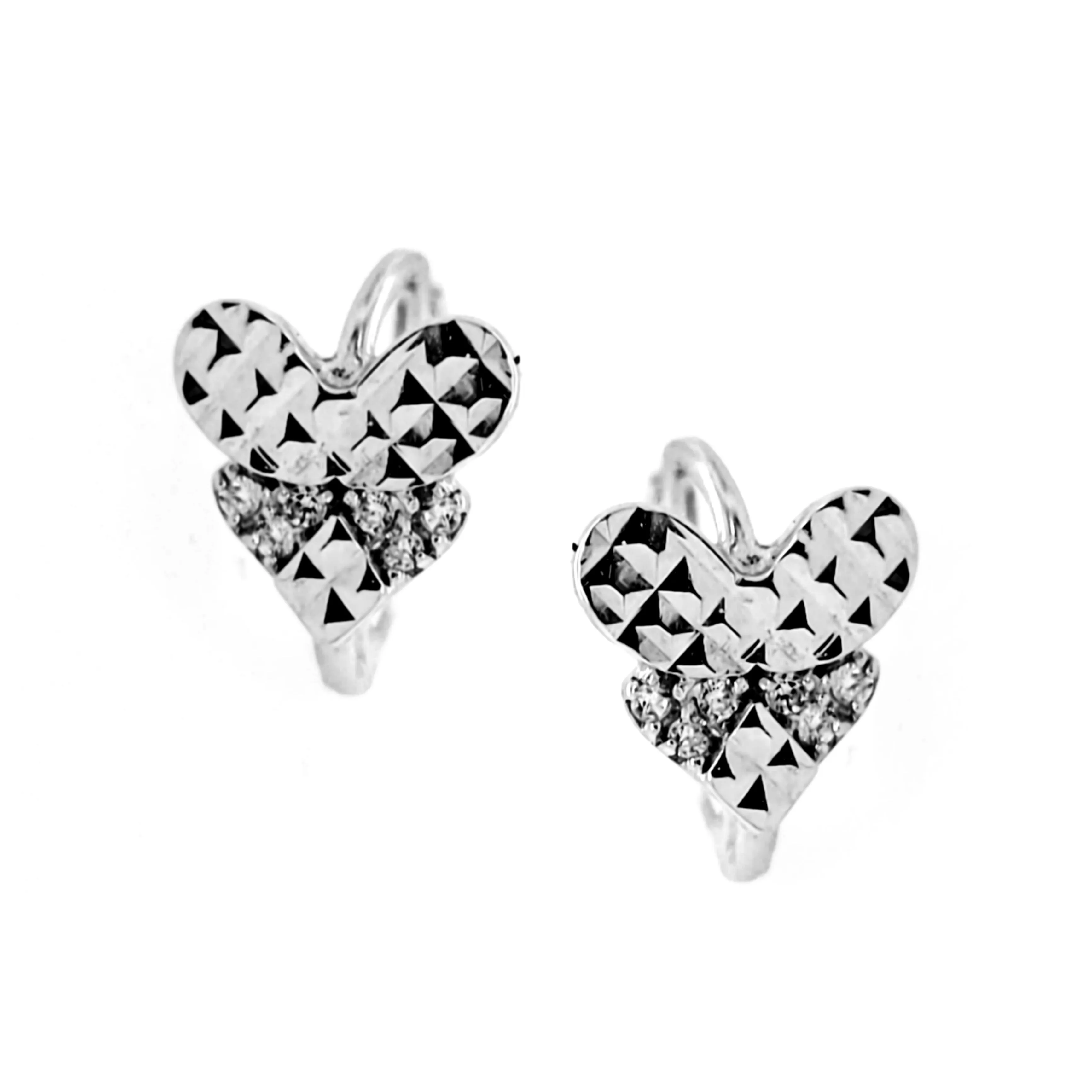 Unique Appearance 14K Gold Diamond Cut Heart CZ Huggie Earrings