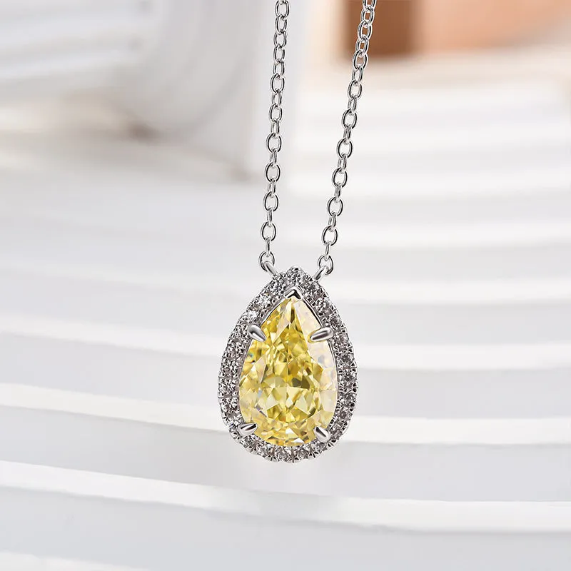 Distinctive Sparkle Louily Exquisite Halo Pear Cut Yellow Sapphire Pendant with Necklace In Sterling Silver