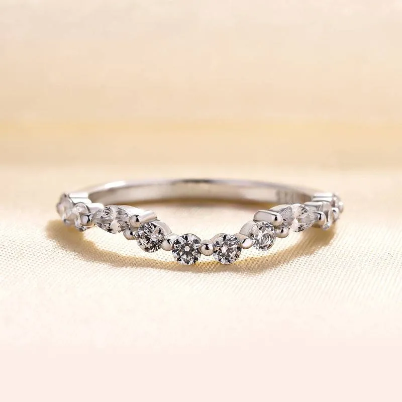 Louily Unique Half Round & Marquise Cut Wedding Band In Sterling Silver Chic Feature Petite Glam
