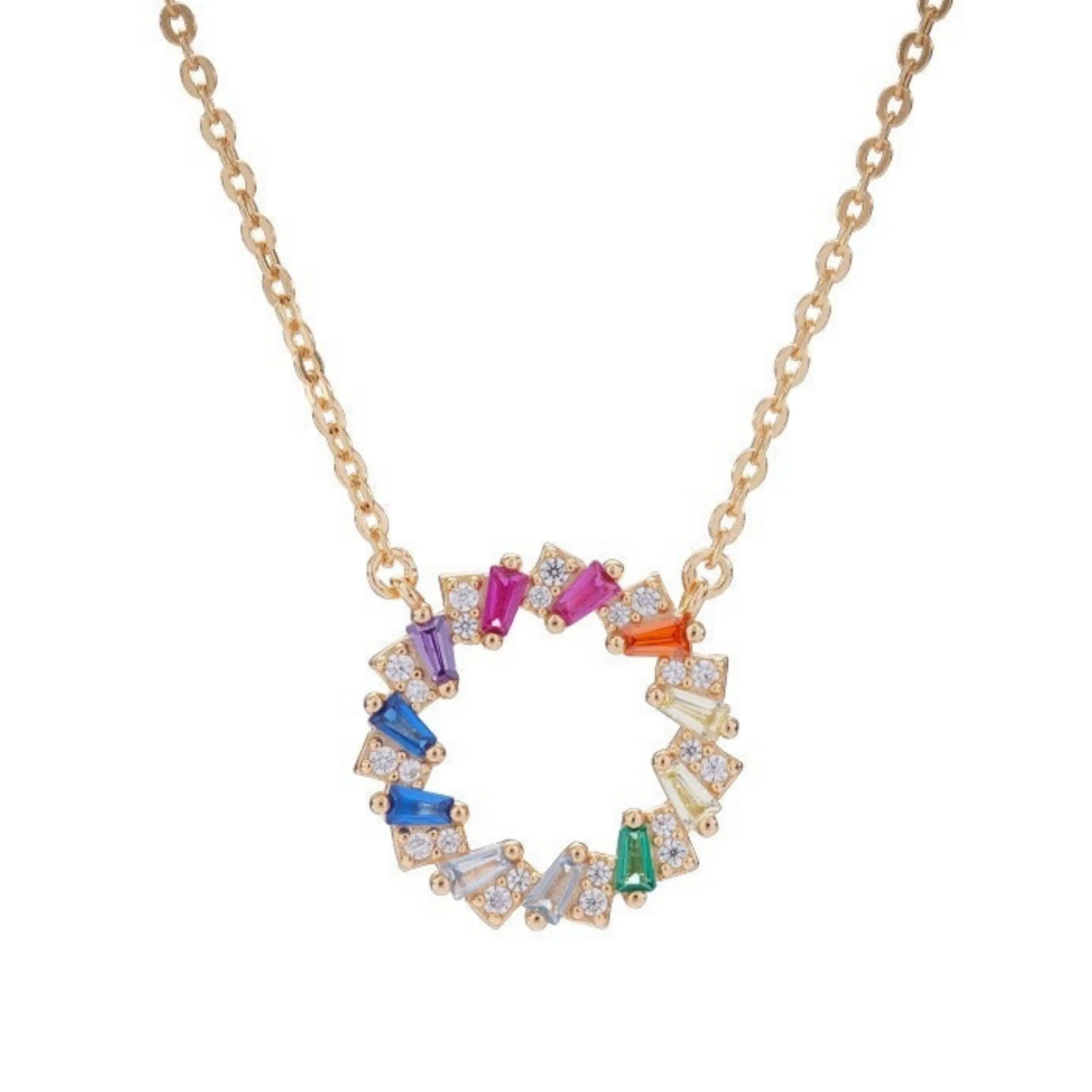 Vibrant Touch Social Event Sterling Silver Circle With Colorful Baguettes CZ Necklace