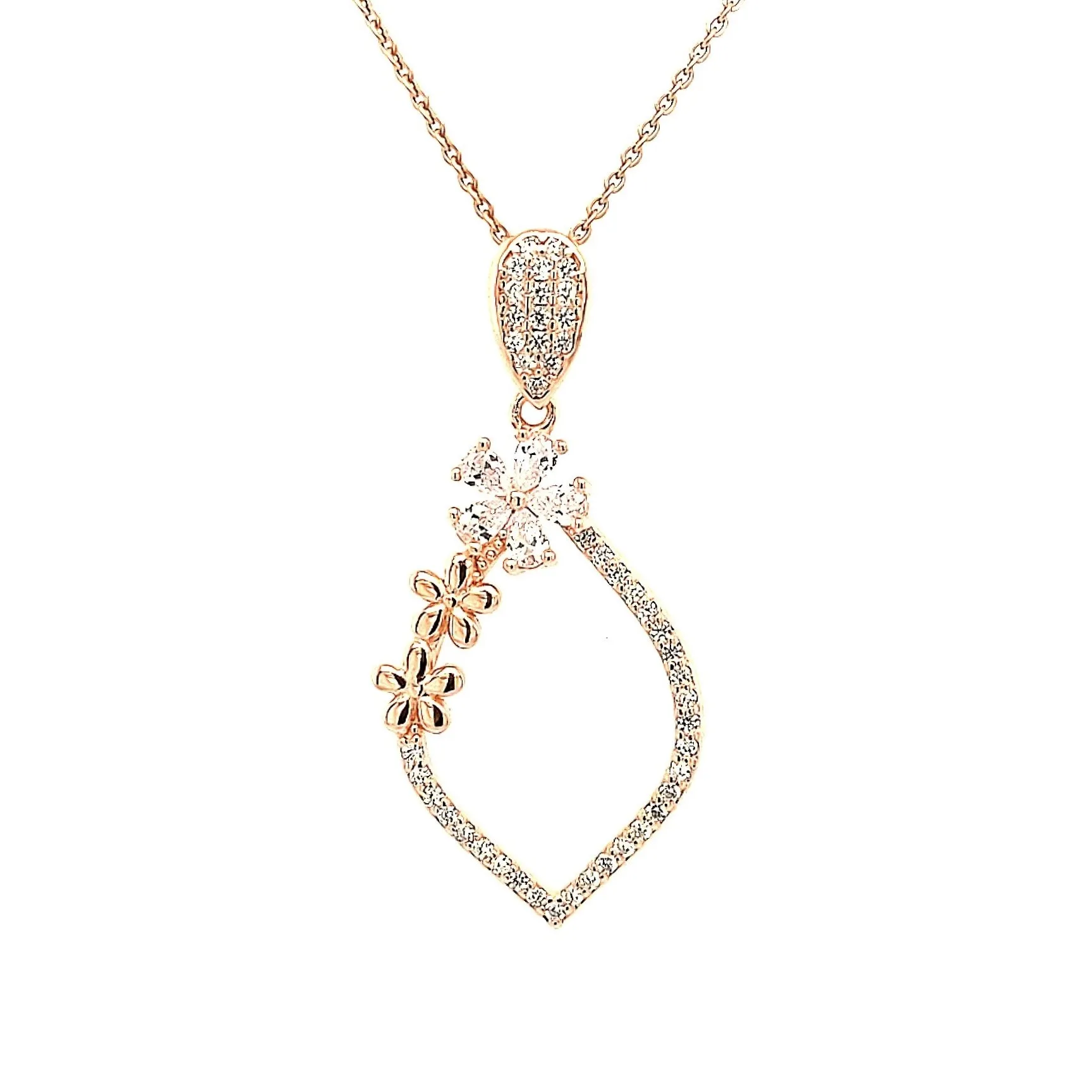 Sterling Silver Teardrop With Flowers CZ Pendant Necklace Casual Chain Accessory