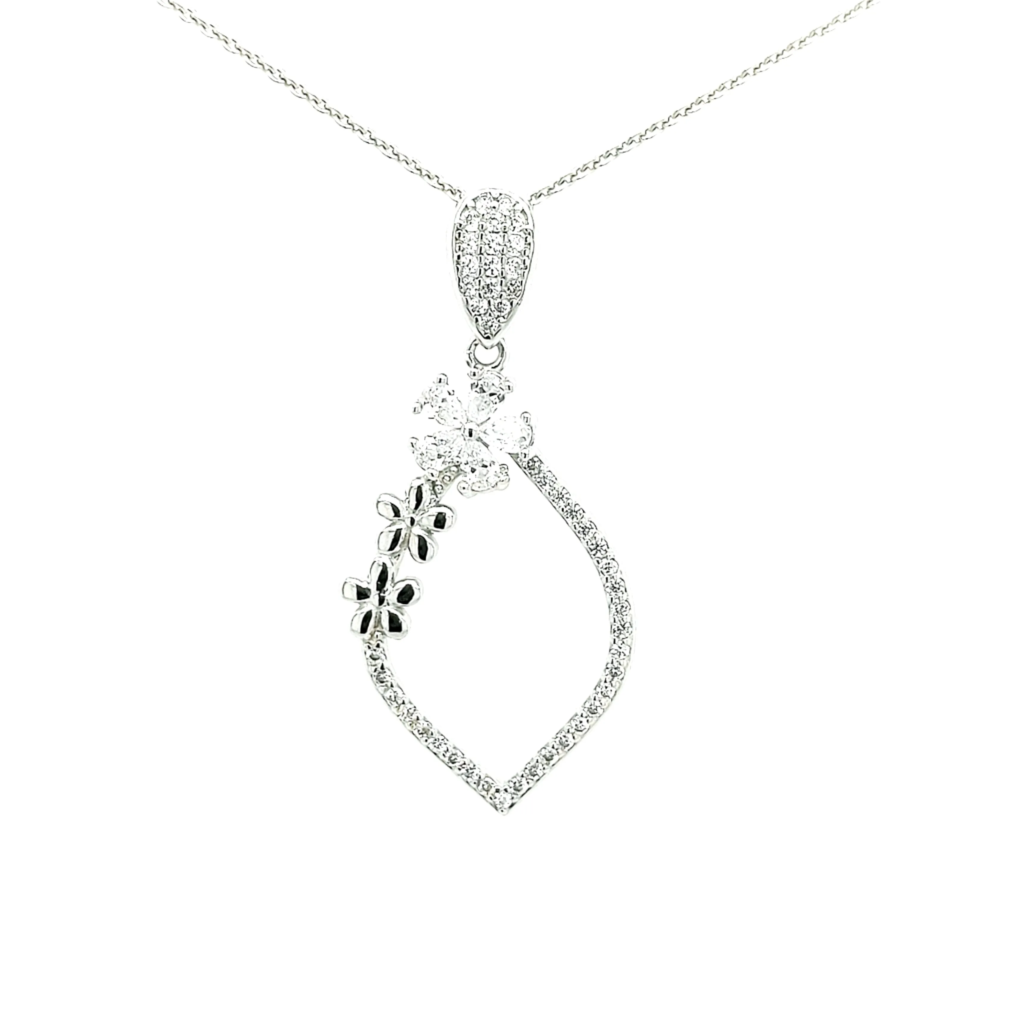 Sterling Silver Teardrop With Flowers CZ Pendant Necklace Exclusive Style