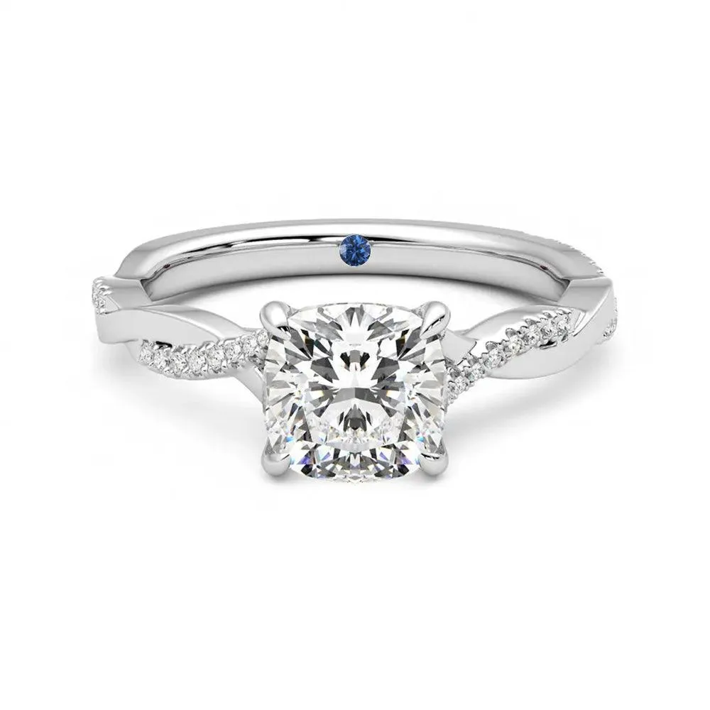 Twisted Band Cushion Cut Moissanite Engagement Ring with Hidden Anniversary Stone Accent urban vibe Chic Feature