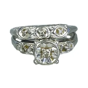 Elegant Look Vintage Diamond Engagement Ring and Wedding Band Bridal Set in 14K White Gold. Affordable Estate Jewelry.